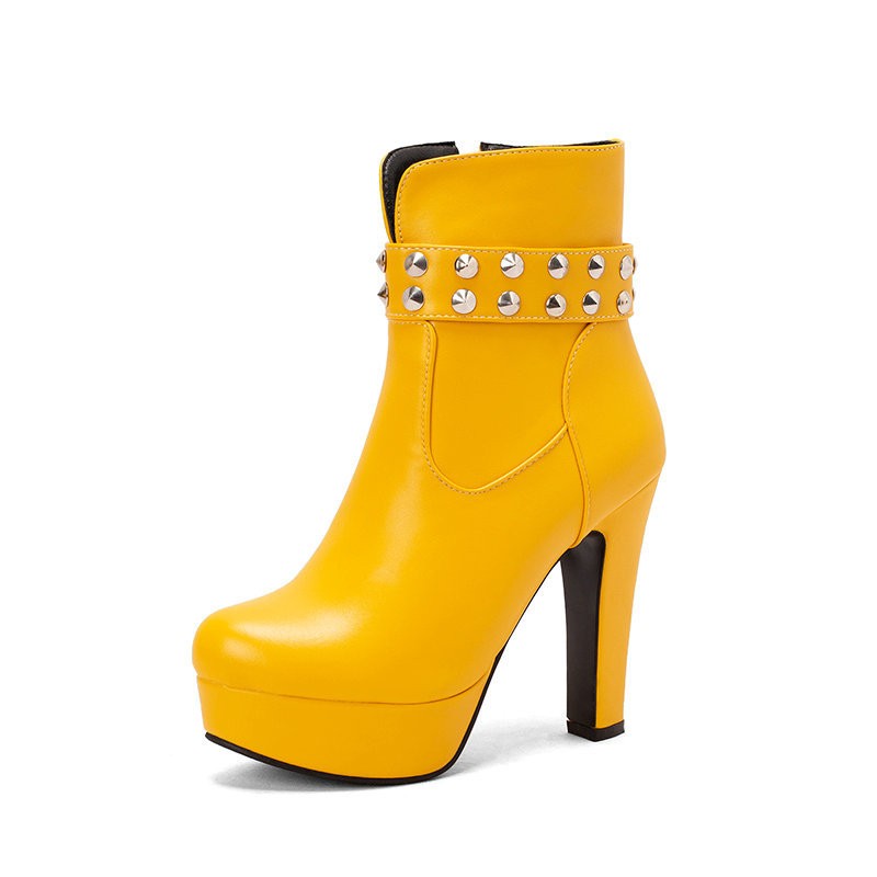 Womens Club Ankle Boots Block High Heels Platform Round Toe Zipper Rivets Shoes