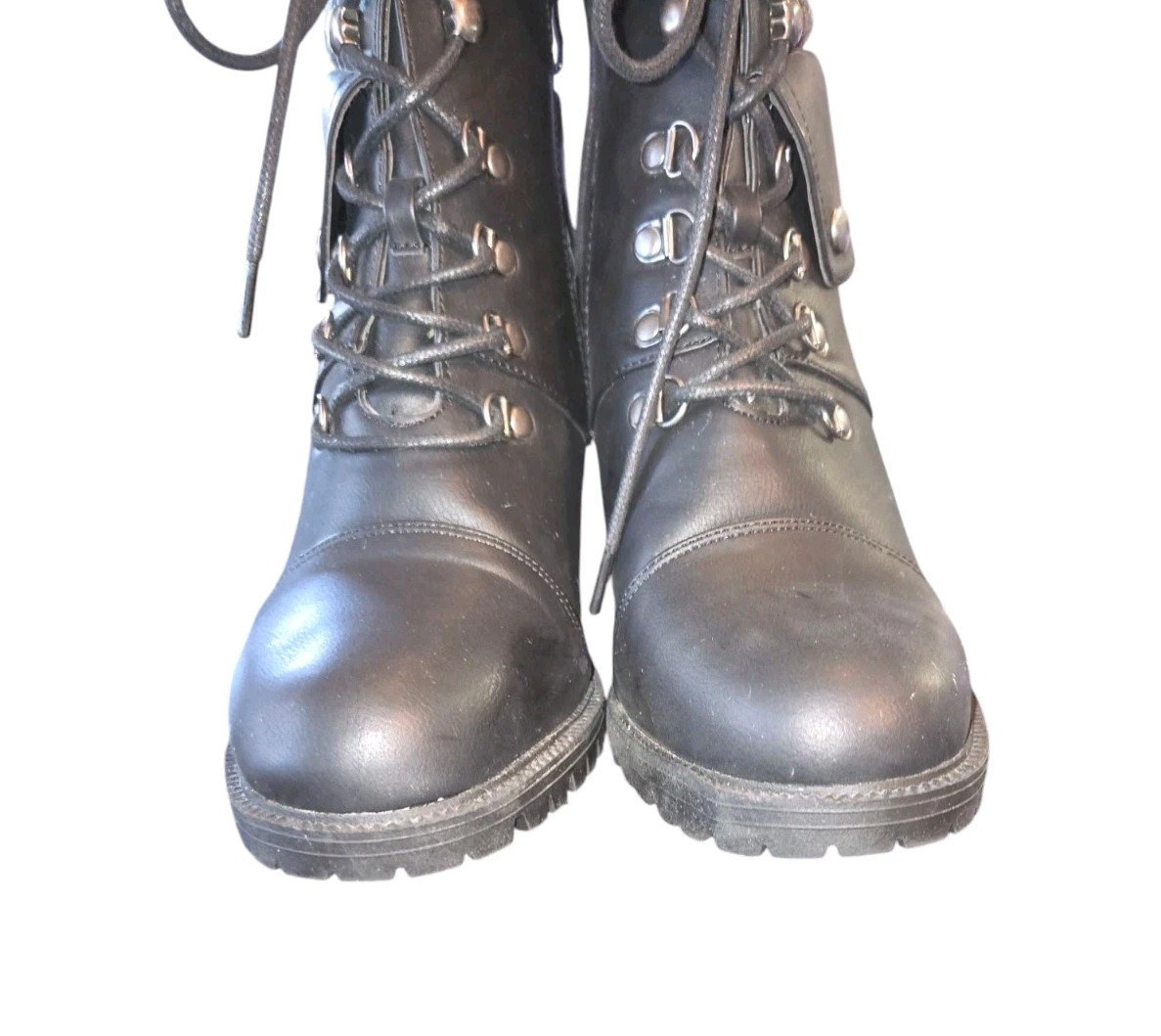 Torrid NWOB Black Faux Leather Sweater Top Extra Wide Heeled Hiker Boots Sz 10WW