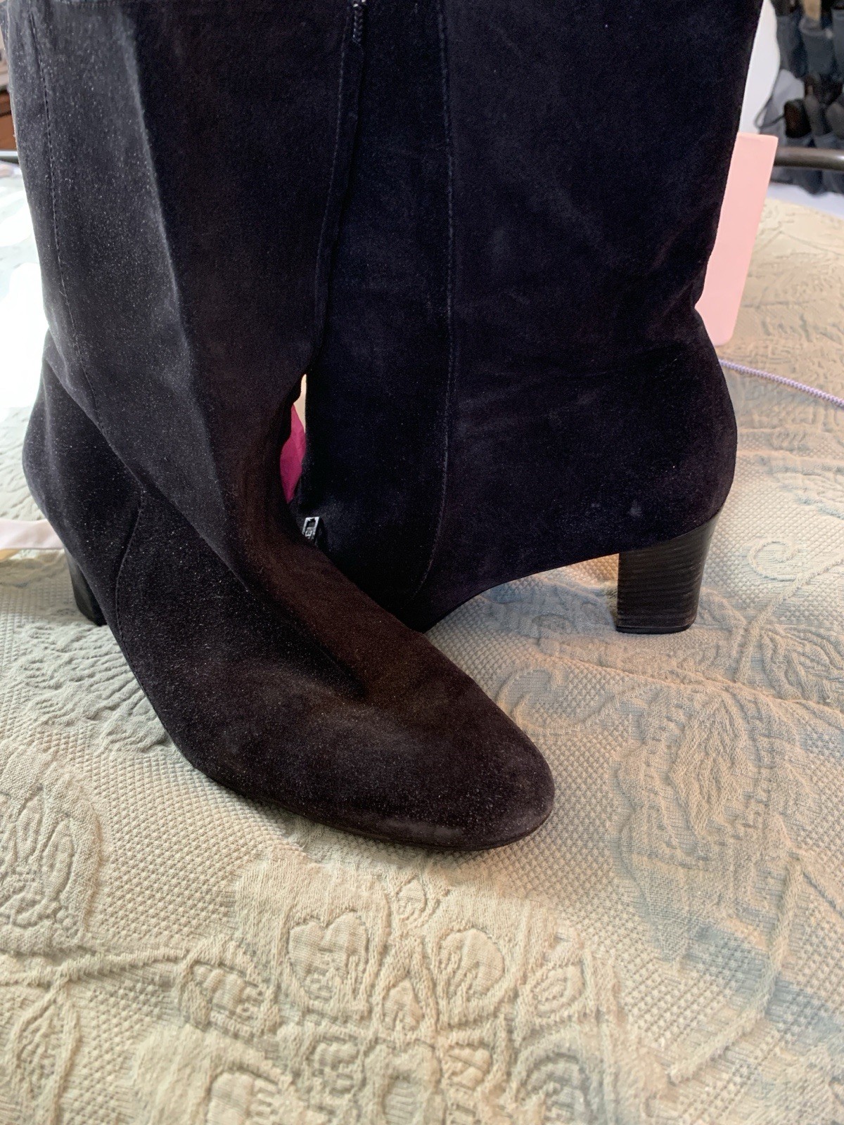 Robert CLERGERIE Black Suede Boots Side Zip Stacked 3”Heel Sz 11B VG Pre owned