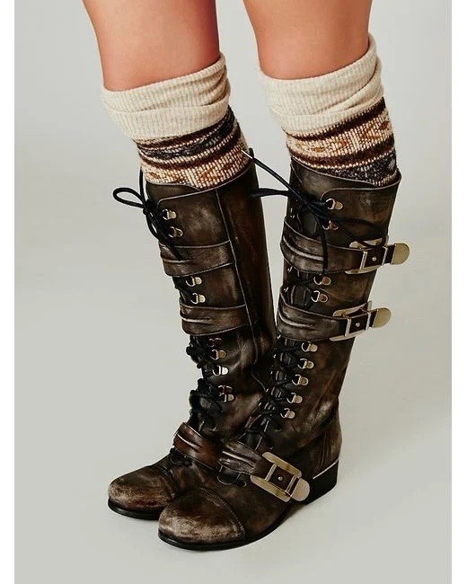 Free People Leather Kantell Knee High Combat Buckle Boots Size 38