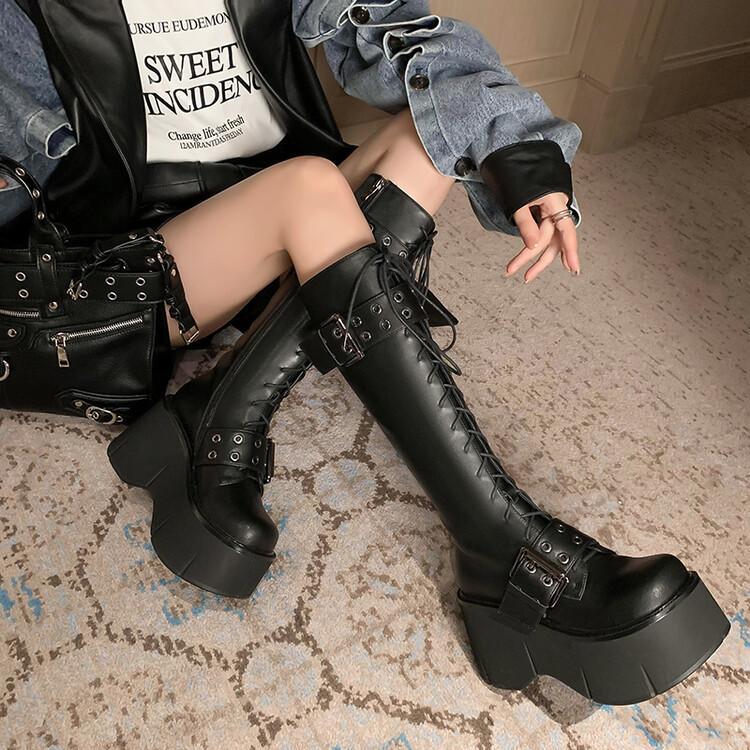 Women Fashion Sexy Nightclub Black Leather Wedge Heel Lace Up Cowgirl High Boots