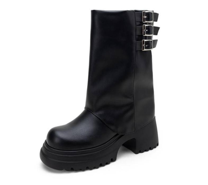 Womens Faux Leather Block Heel Platform Mid Calf Boots Punk Western Casual Shoes