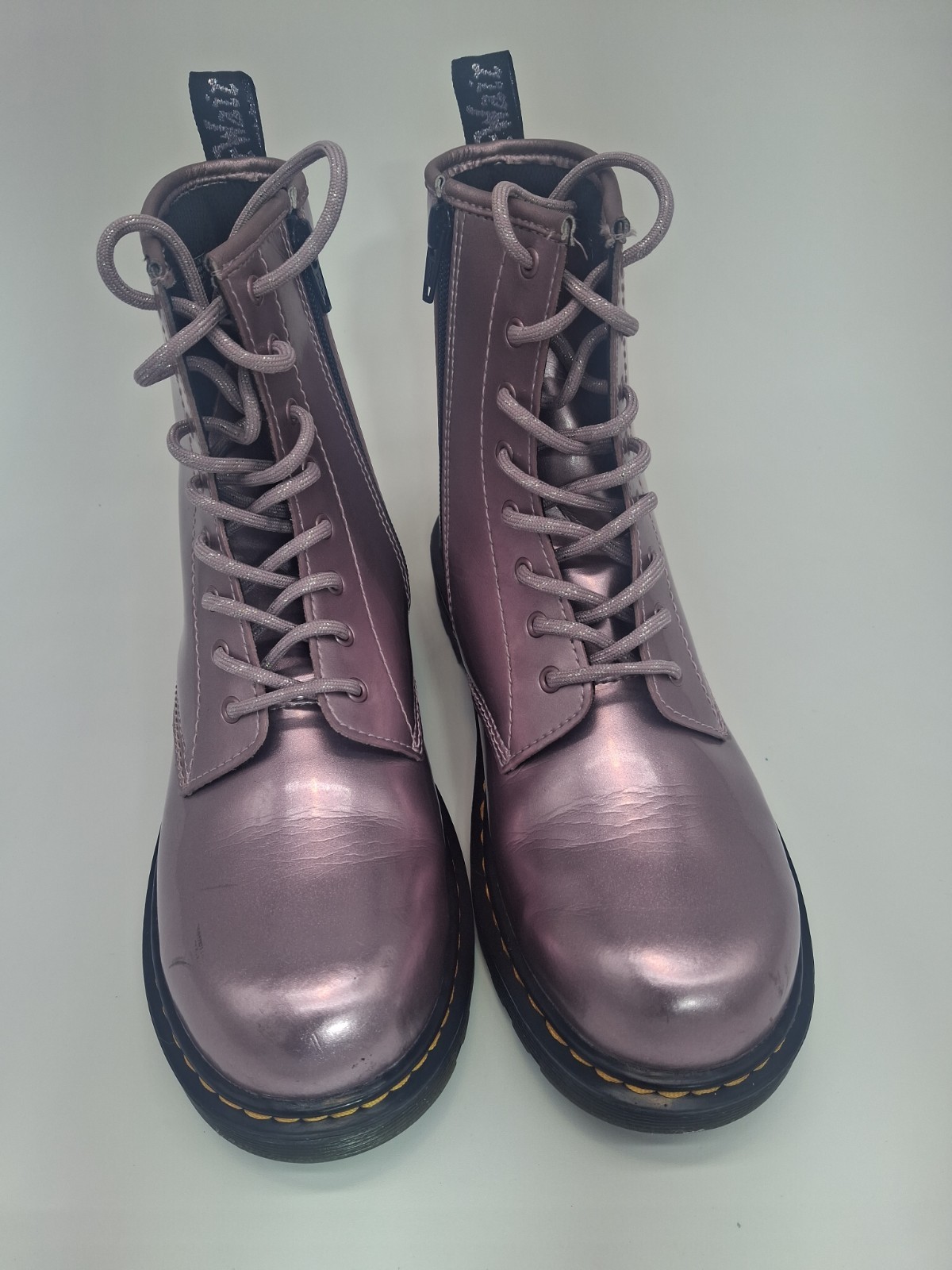 Dr. Martens 1460Y Delaney Pink Patent Leather Lace Up Side Zip Boots Womens 7