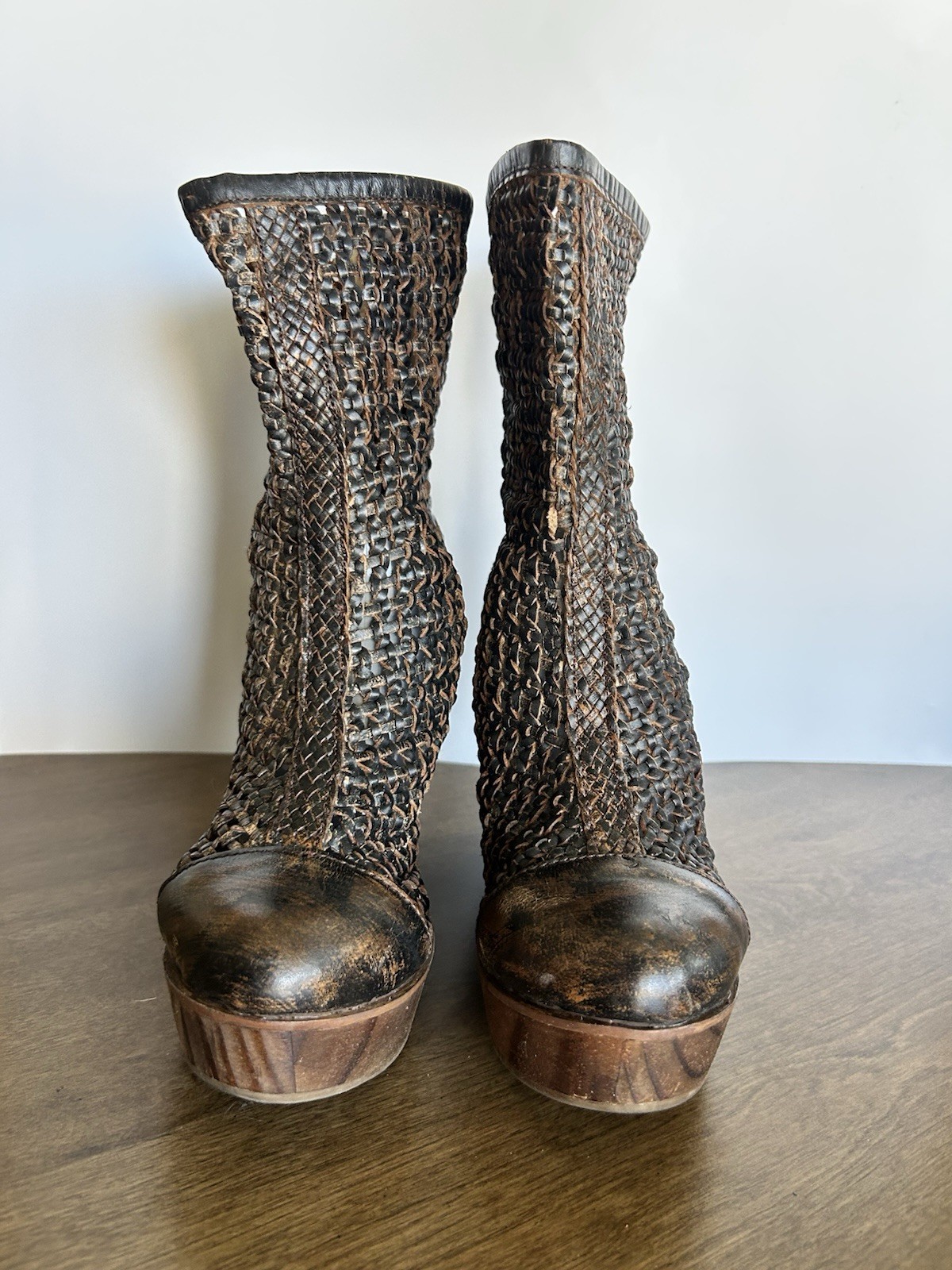 BED STU Size 6 DARK BROWN Women Bruges Leather & Knit Chic Wedge Boots Rustic