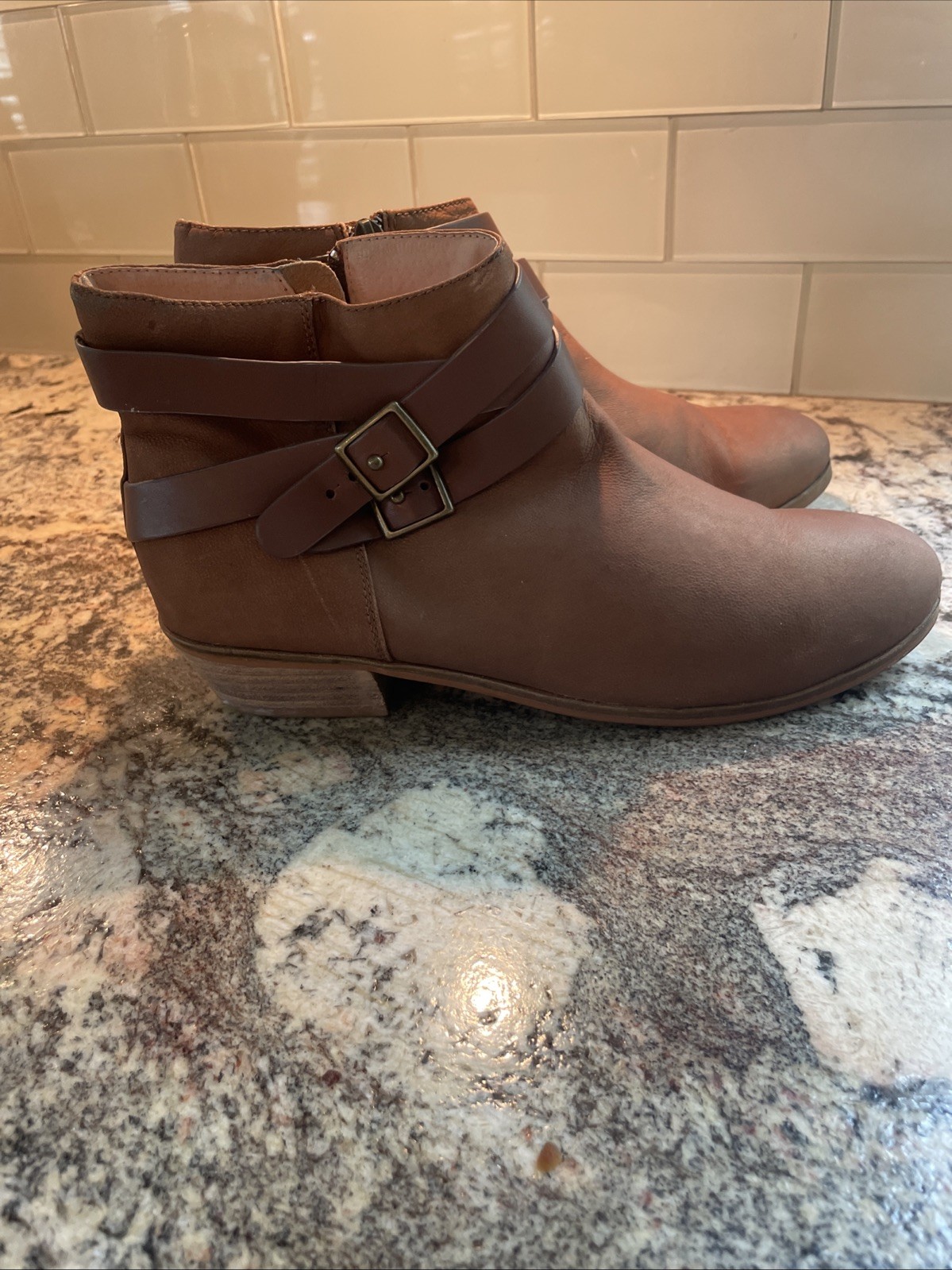 SOFTWALK Tan Leather Rancho Double Strap Buckle RANCHO Side Zip Bootie Size 11 M