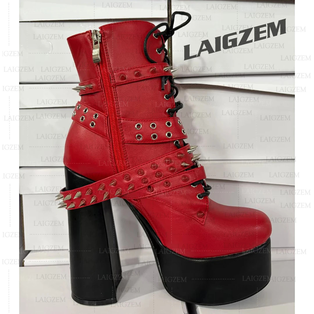 Women Ankle Boots Studded Round Toe Thick High Heels Boots Zip Up Chains Ladies