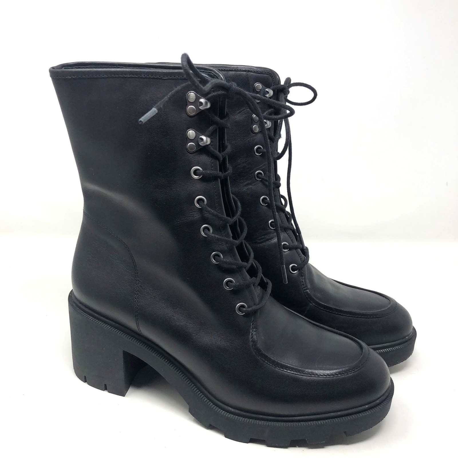 J.Crew Lace Up Boots Womens 9 Black Leather Block Heel Lug Sole BJ871 Combat
