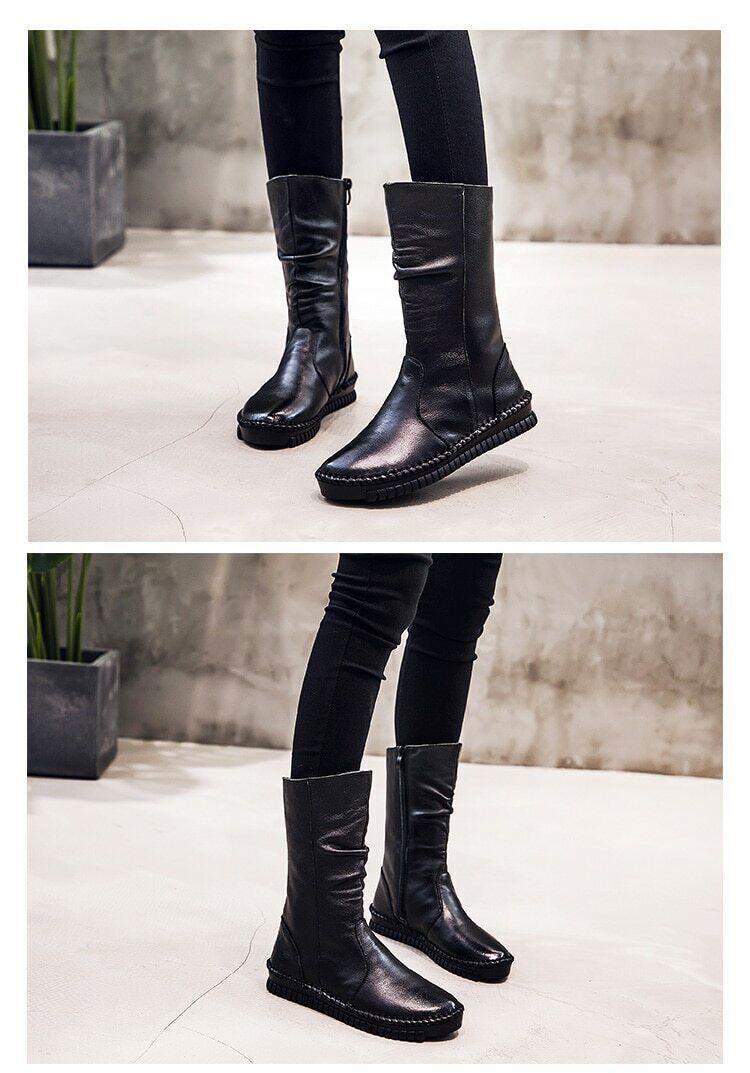 Women Autumn Spring Retro Leisure Elegant Work Pump Side Zip Flat Mid Calf Boots