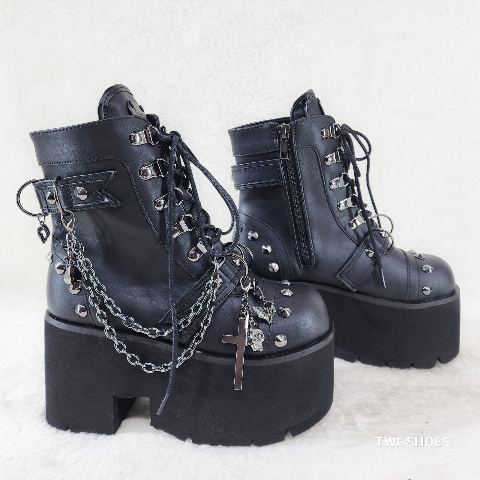 Ashes 3.5″ Platform Goth Punk Boots Chain Charms Demonia 52