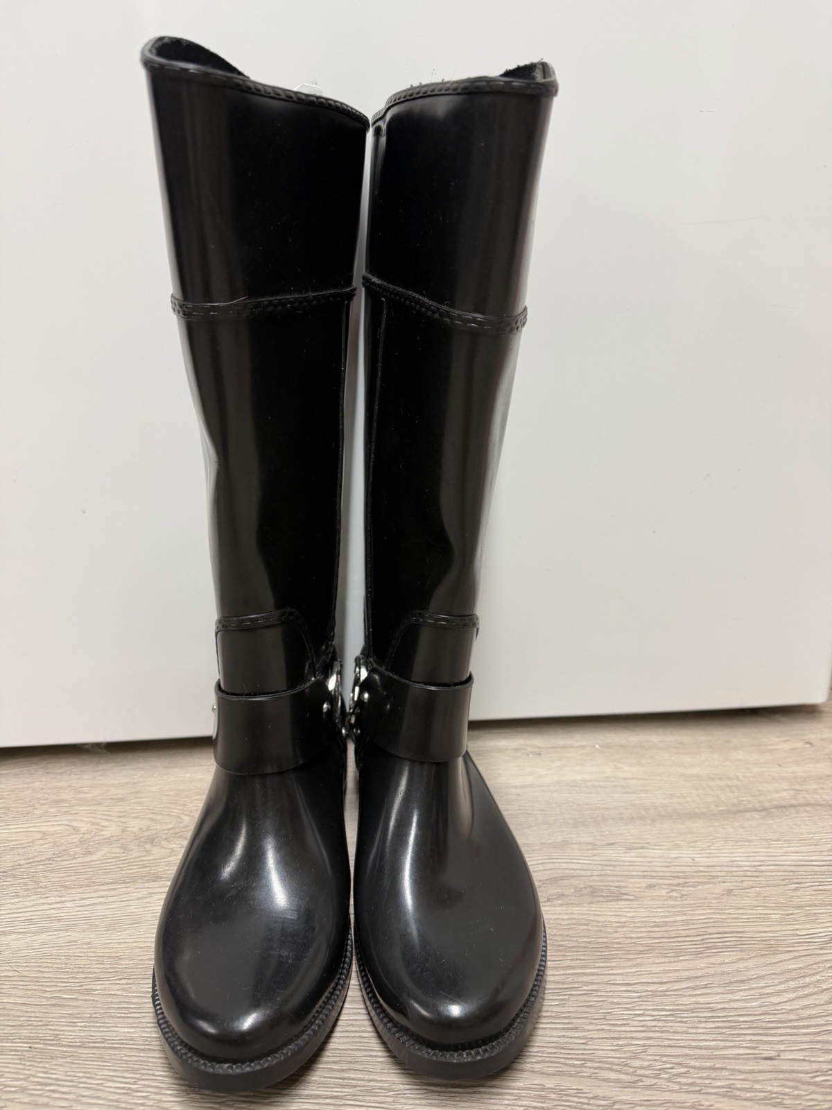 Michael Kors Rain Boots Women 8M Black Fulton Harness Riding Tall Rubber