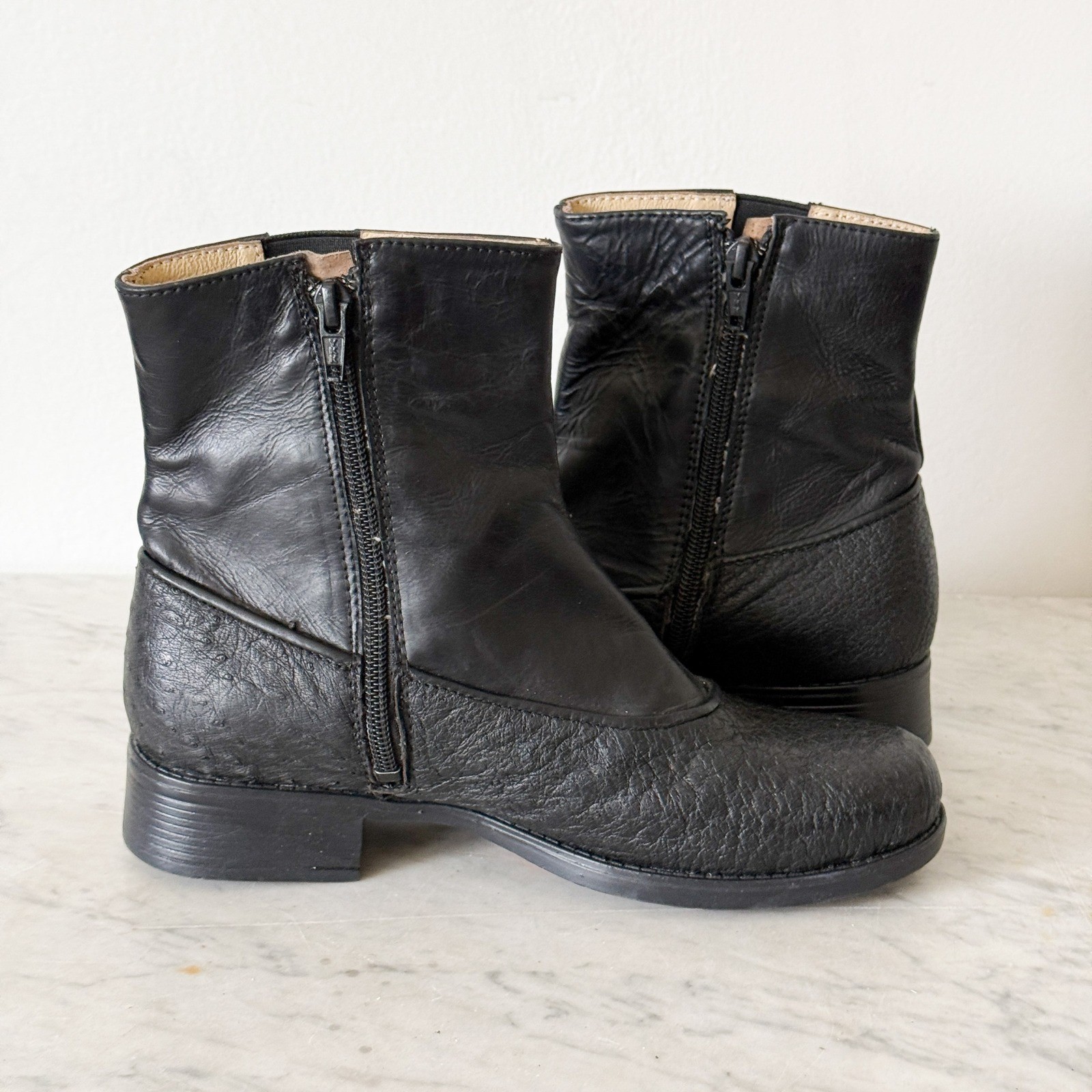 Zara Basic Black Faux Leather Ankle Boots Low Heel Round Toe Womens Size 7.5