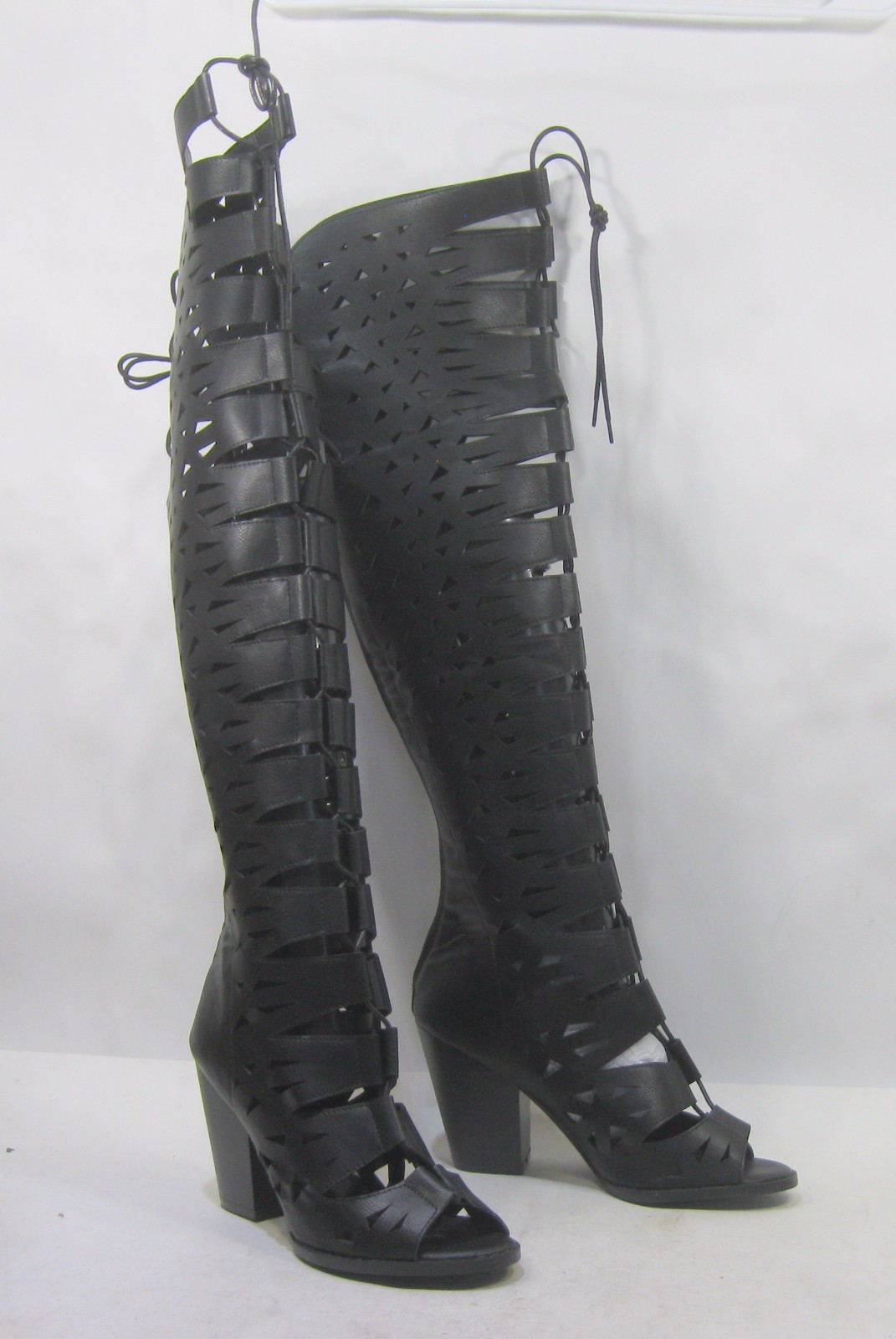 Black 4″Block Heel Open Toe Gladiator LACE UP Boots Women Size 7