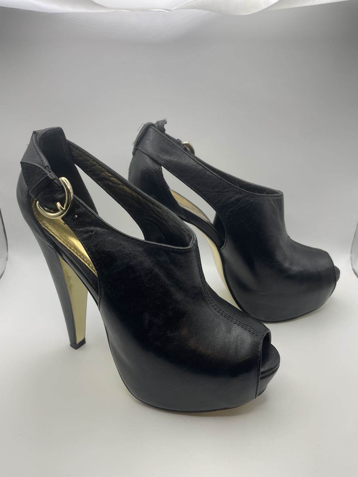 Façade Moto Open Toed Heel Bootie 5.5 Black Leather with Gold Hardware