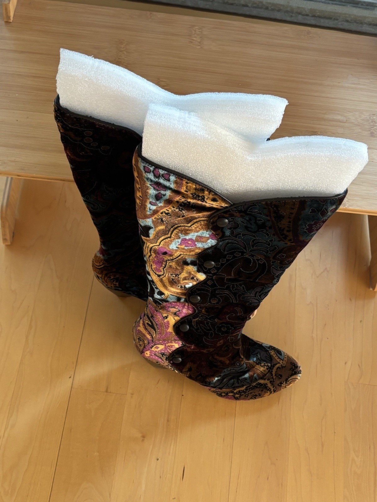 Barn Crown Women’s Knee High Western Boots Paisley Velvet Studded Pointed Toe