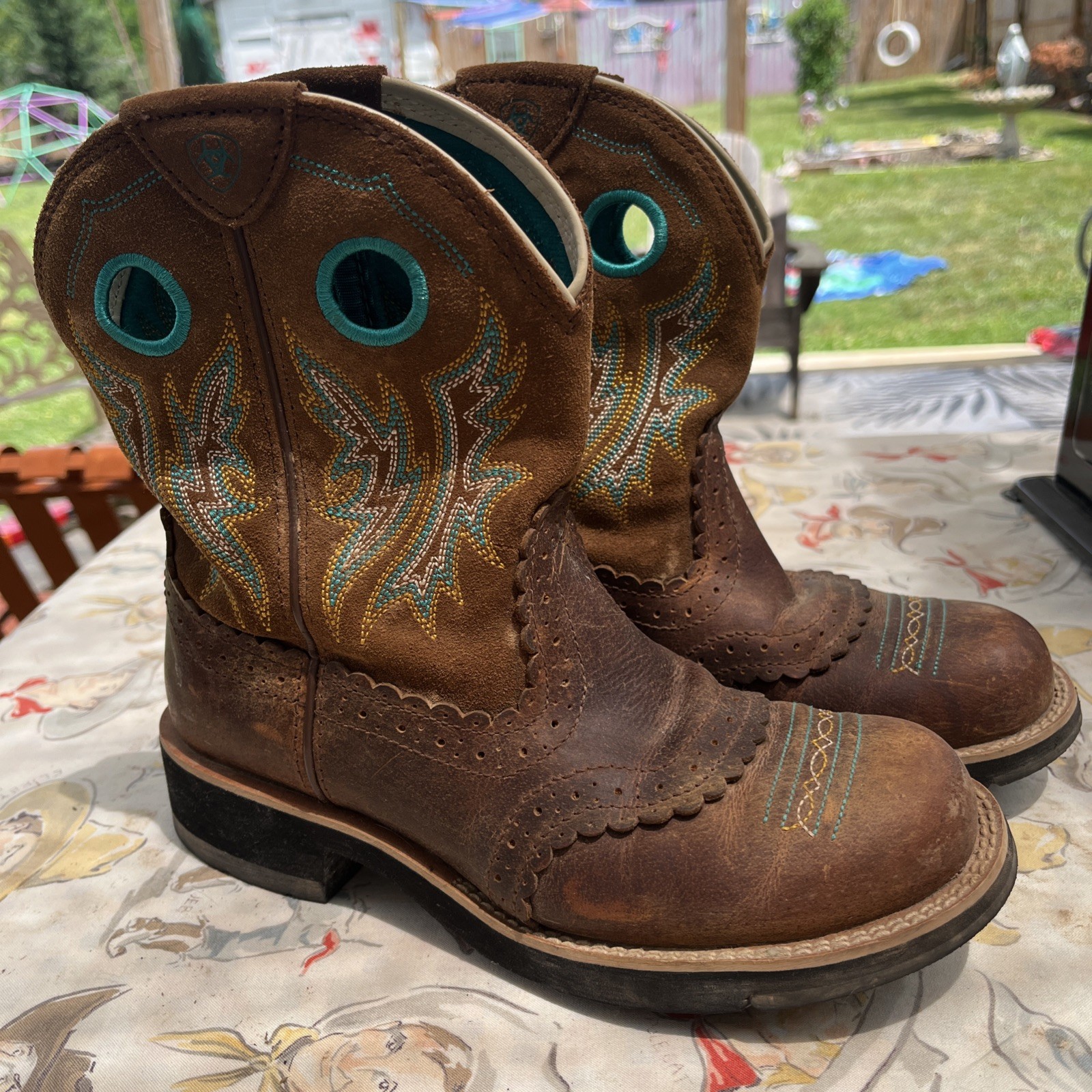Ariat Fatbaby Cowgirl Western Boot Women’s Size 7B Brown Teal Leather EUC