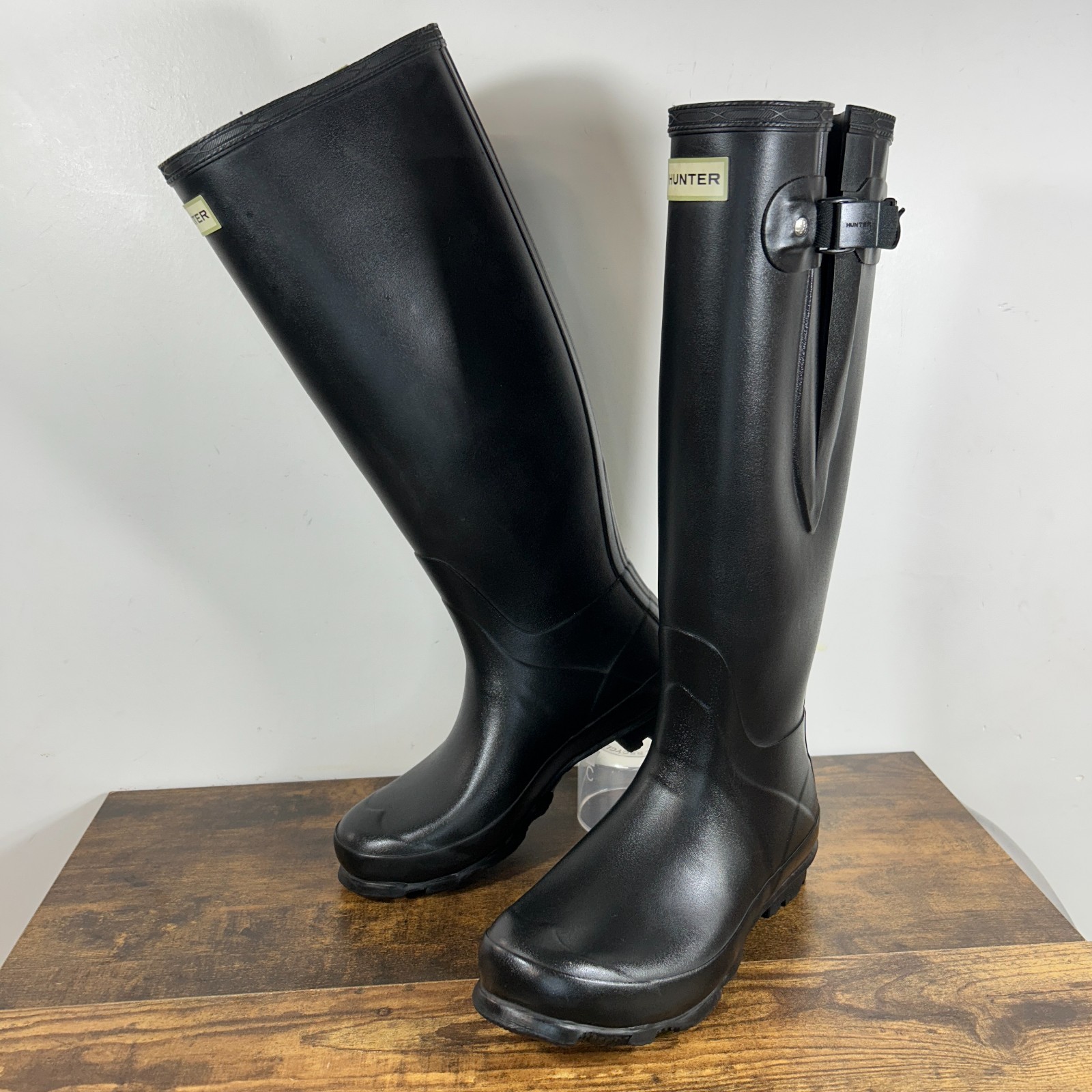 Hunter Norris Field Side Adjustable Women 8 Black Boots With Green Label
