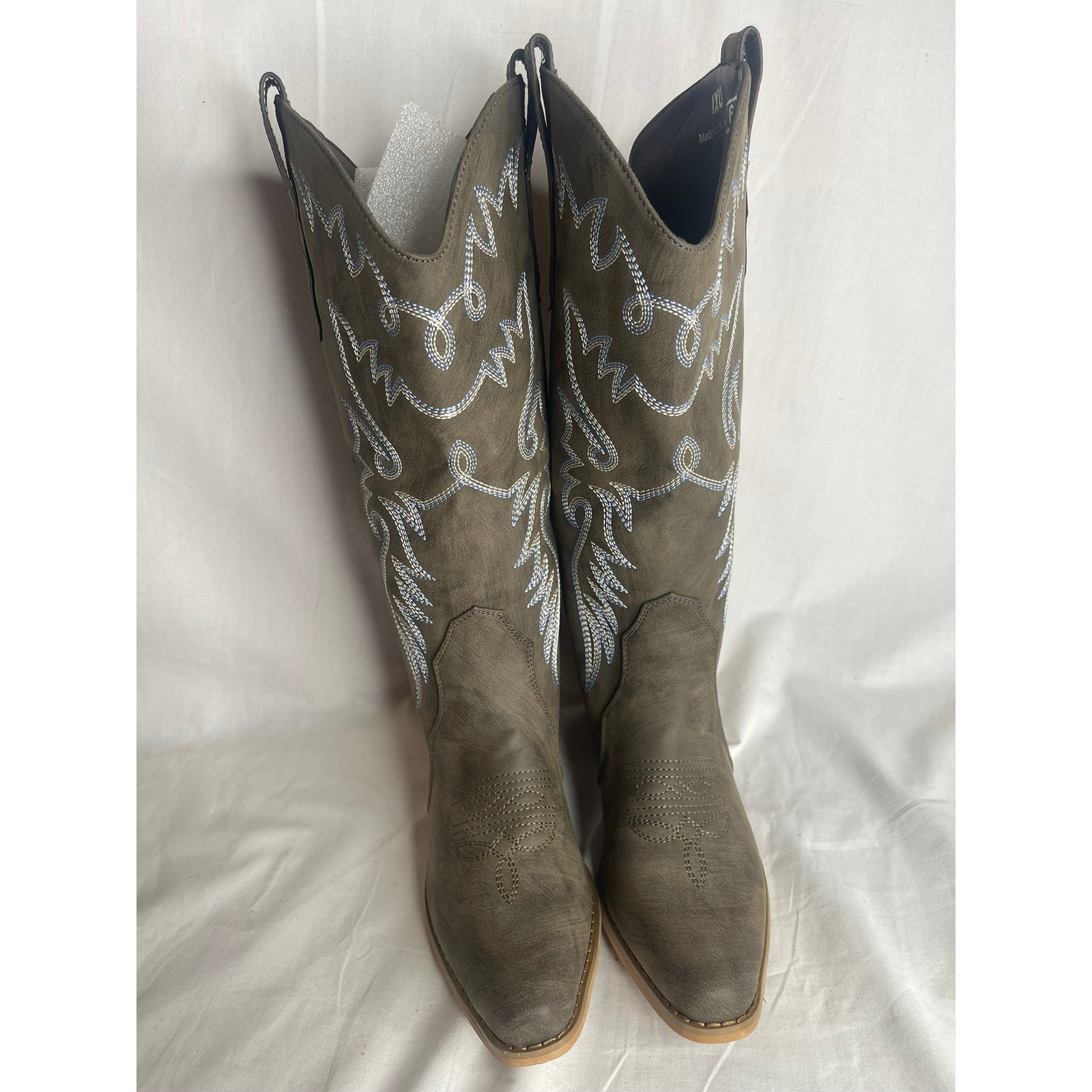 IXU Womens Western Cowgirl Boots Olive Brown Contrast Stitch Block Heel Size 6
