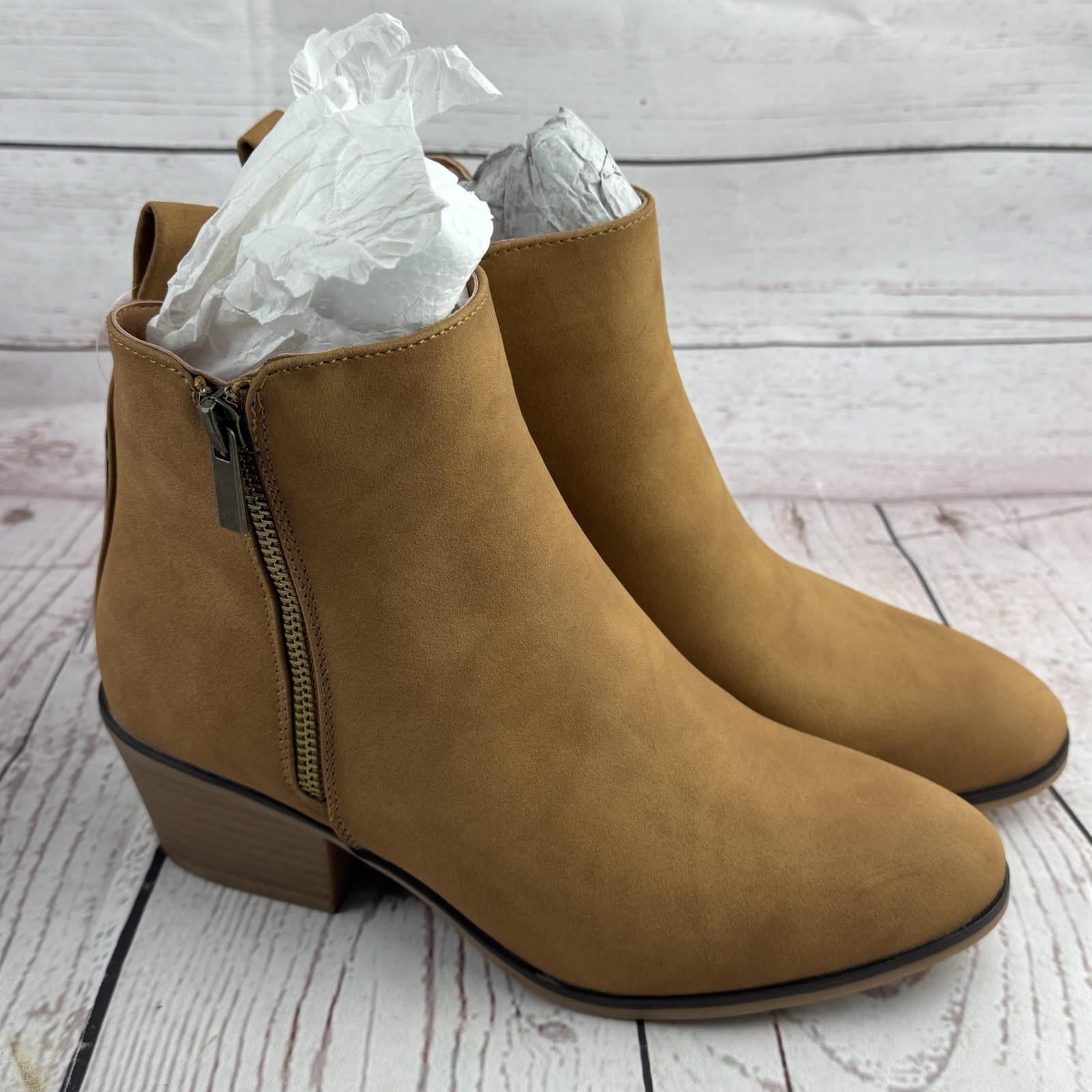 Women Ankle Boots Side Zipper Low Heel Dress Booties Tan Nubuck 8 US