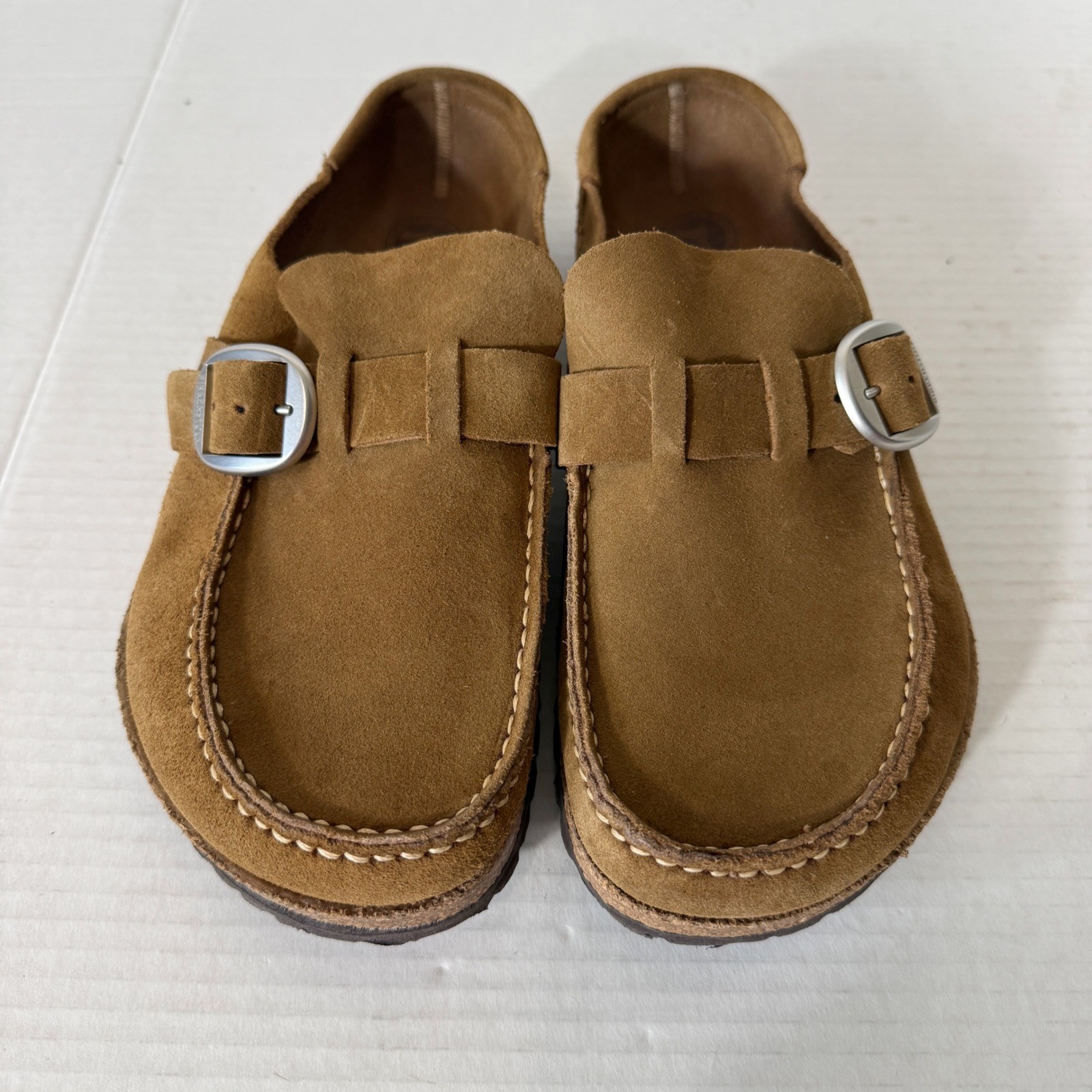 Birkenstock Buckley Womens Tan Leather Buckle Moccasin Mule Clog Size 10 Wide