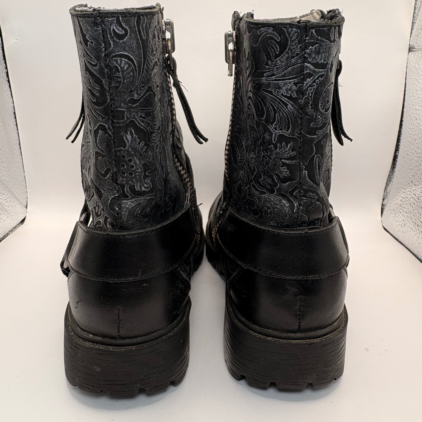 Alegria Channing Black Leather Embossed Paisley Moto Boots Womens 37 CHA-185