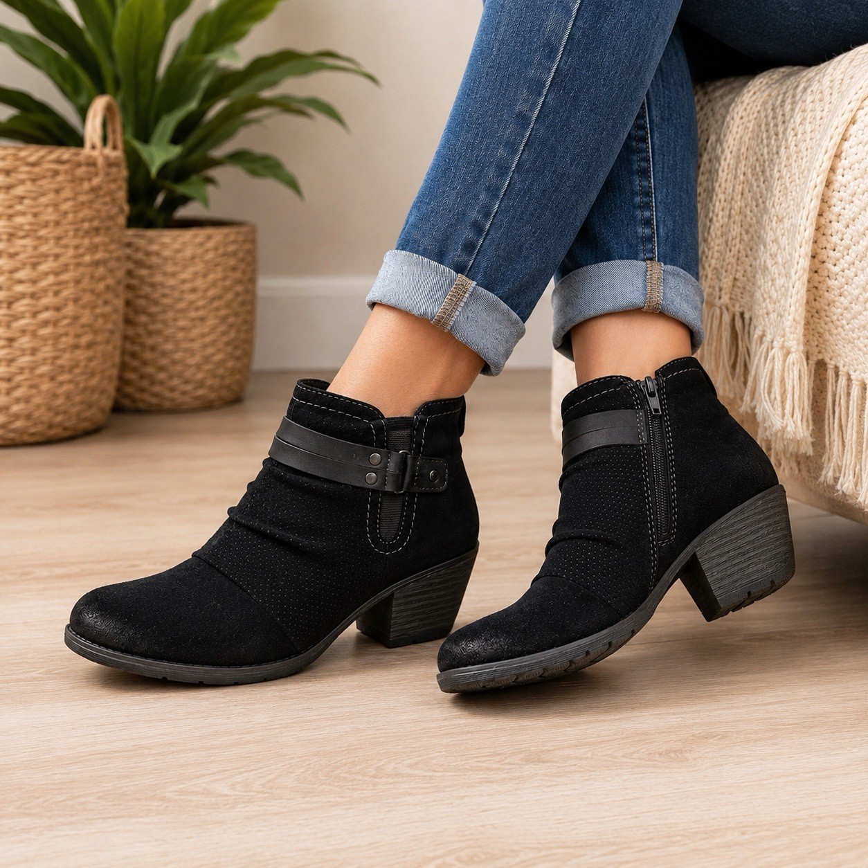 Earth Origins Odel Black Suede Leather Ankle Boots Womens 8 Comfort Zip Booties