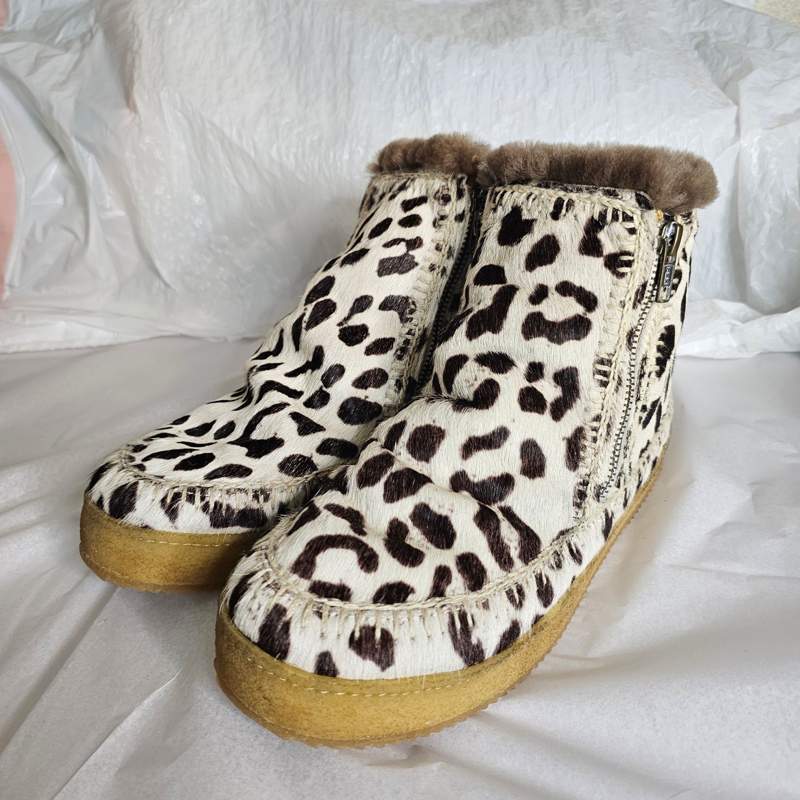 Laidback London Setsu Leopard Print Calf Hair Crochet Ankle Boots Size 40