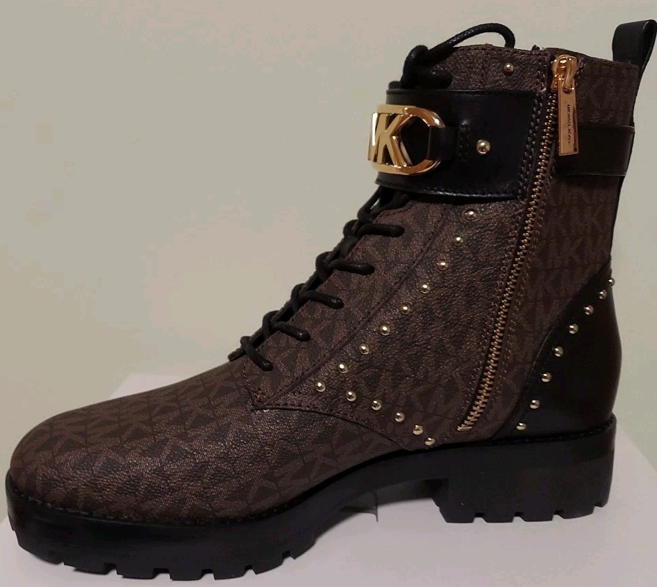 MICHAEL KORS KINCAID ICONIC MK PRINT PVC Studs COMBAT BIKER BOOTS 9 I LOVE SHOES