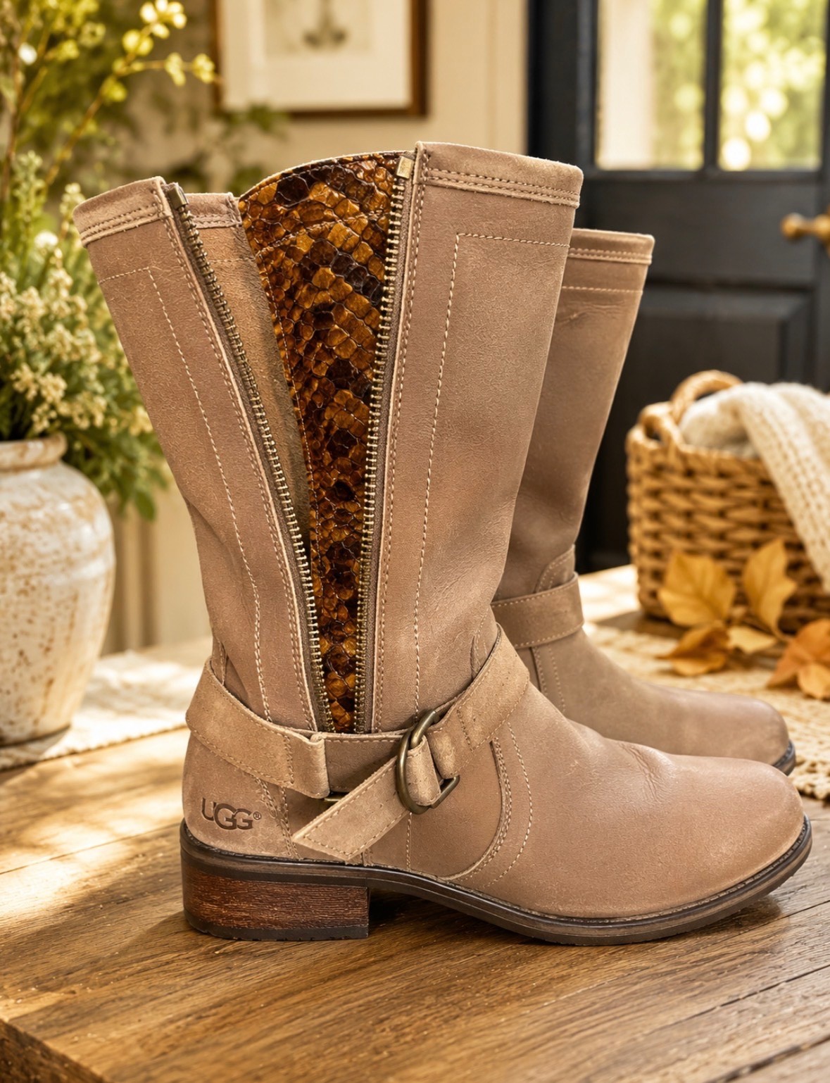 UGG Australia Women’s Leather Suede Riding Boots Taupe Snakeskin Zip Harness Siz