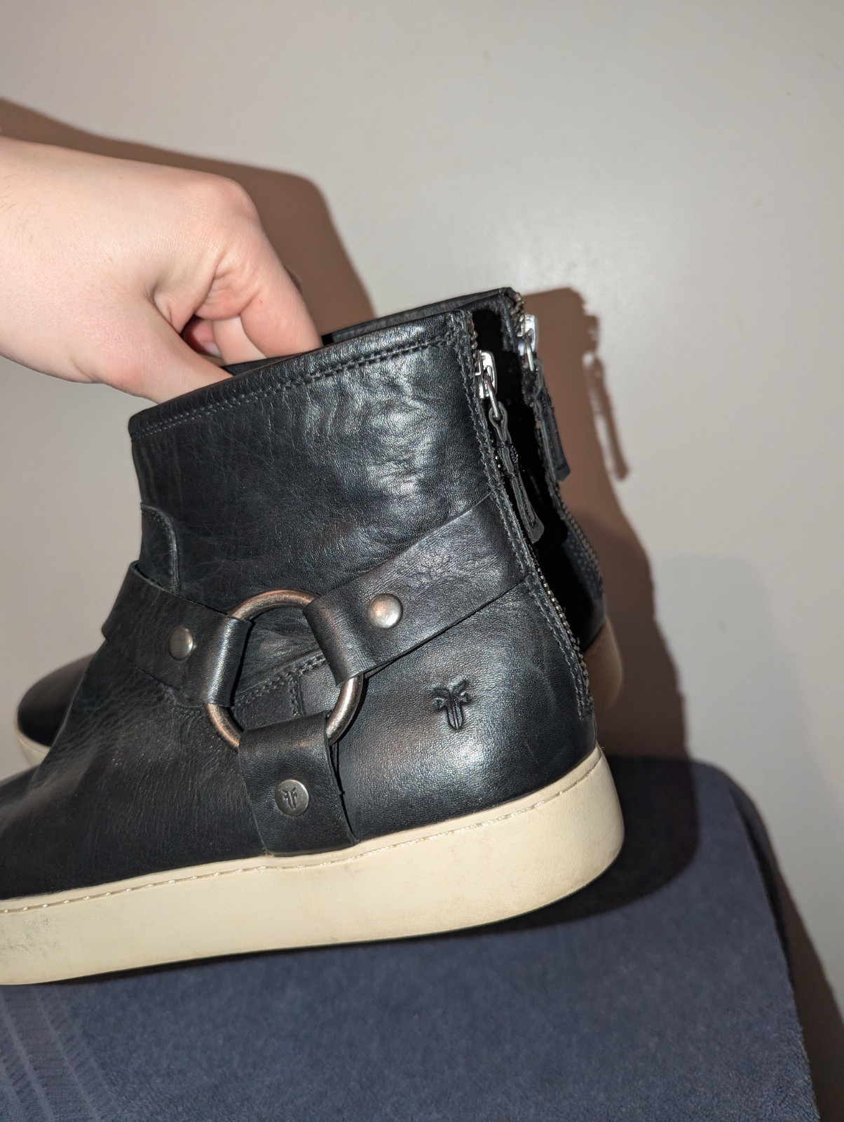 Frye Lena Harness Ankle Booties Womens Size 10 M Black Leather Back Zip Sneaker