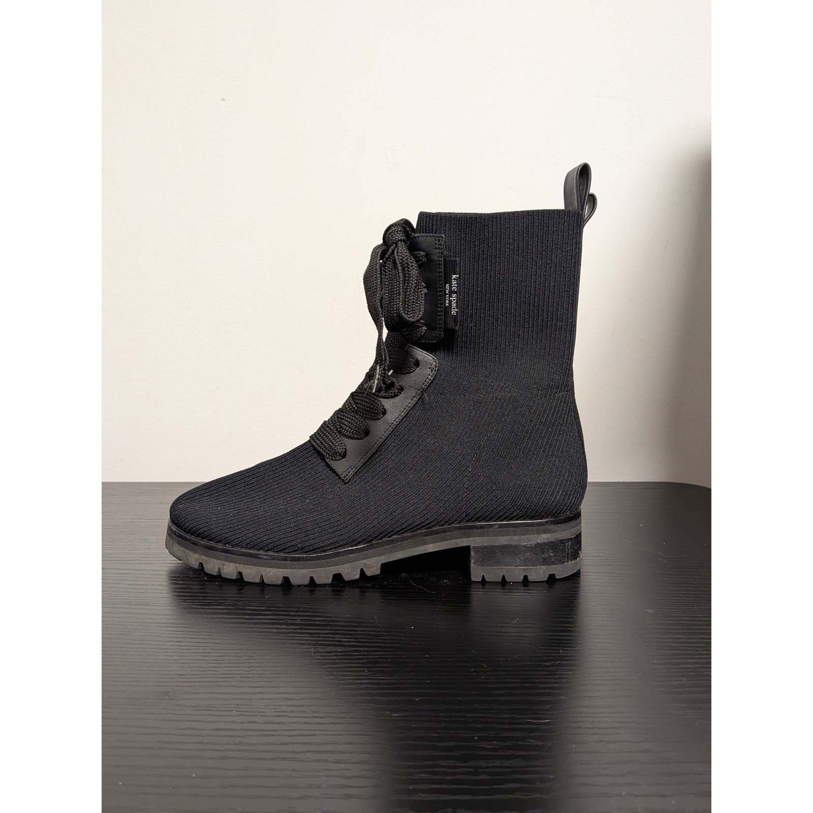 Kate Spade New York Knit Combat Boots Black Ribbed Lace Up Lug Sole Womens 8B