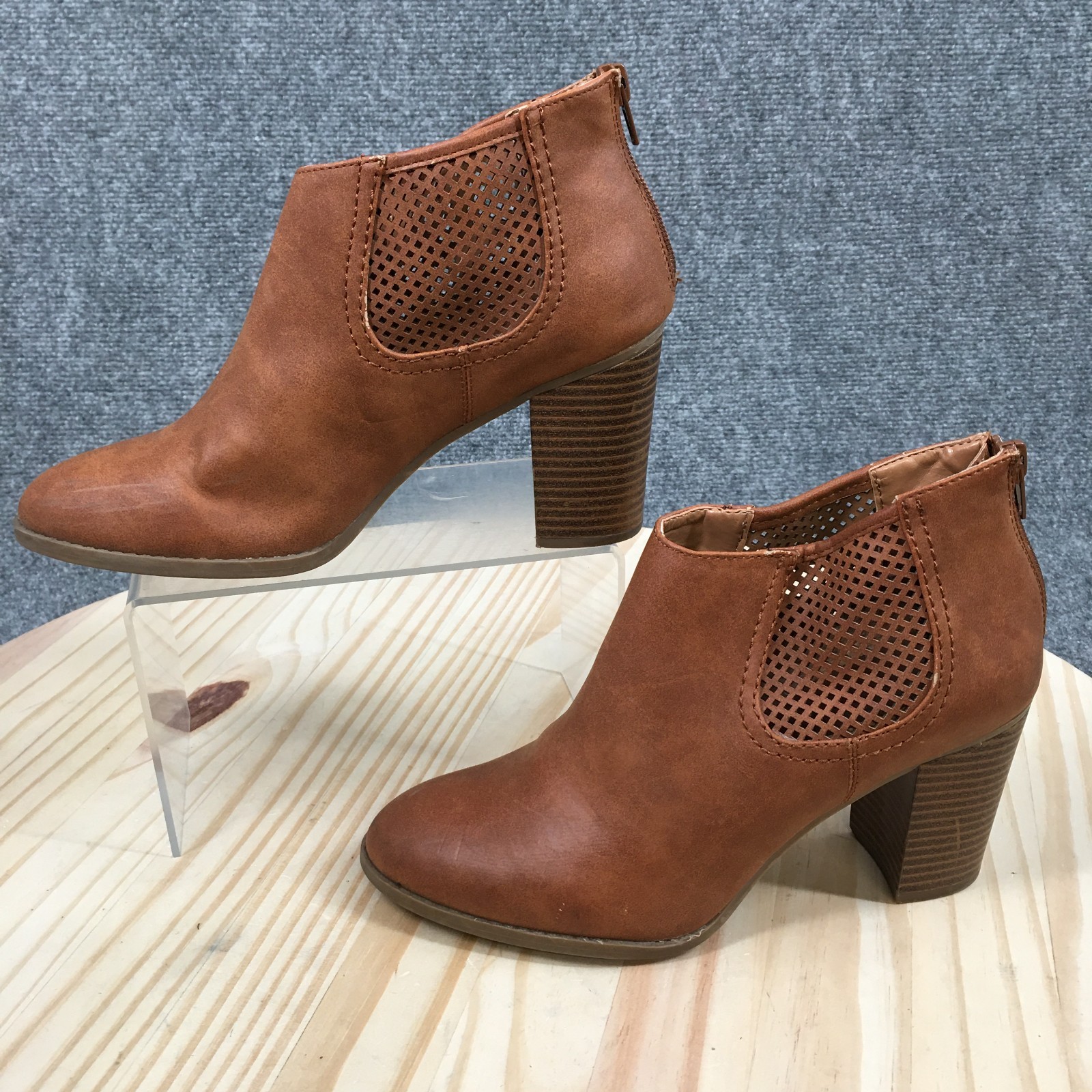 Style & Co. Boots Womens 8 M Ankle Bootie Perforated Back Zip Block Heels Brown