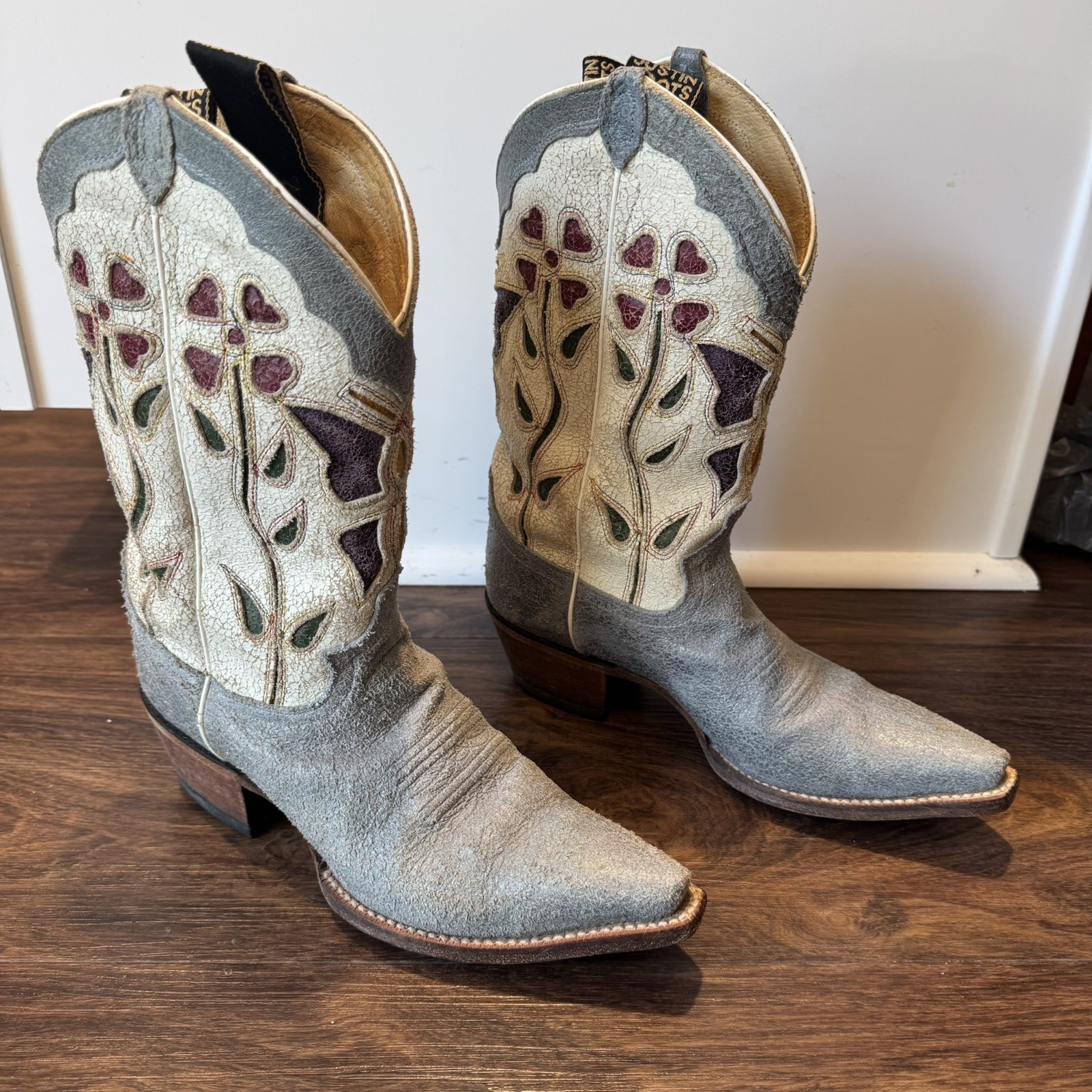 VTG Justin Boots Womens 7.5 B Floral Butterfly Inlay Suede Leather Cowboy