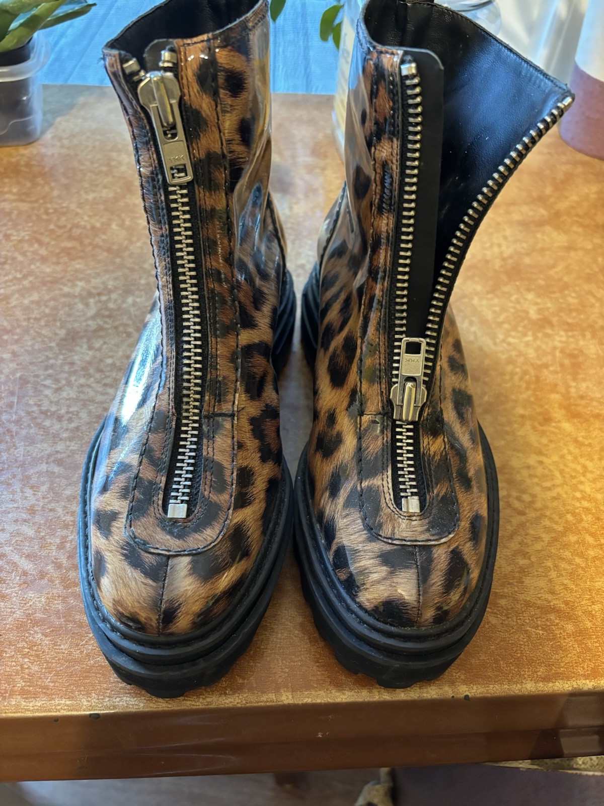 SCHUTZ LEOPARD PATENT COMBAT BOOTS, MARYELE, SZ 6.5