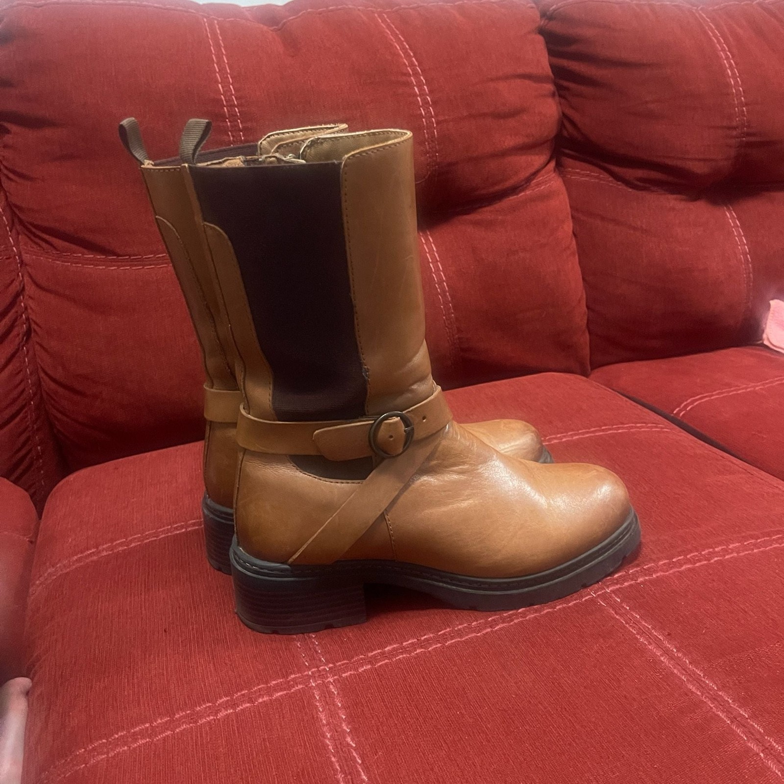 SoftWalk Women’s Tan Leather Buckle Mid-Calf Boots Size 9M