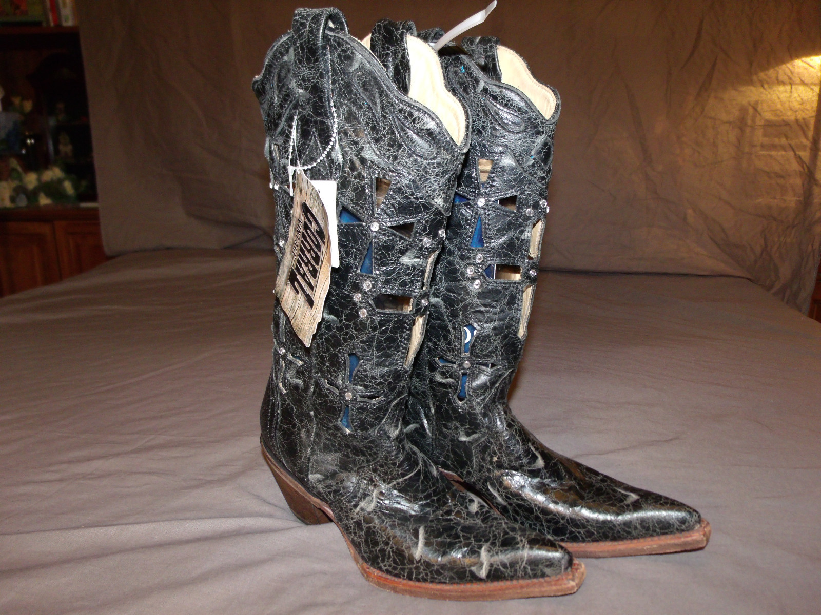 CORRAL Cowgirl C2133 Cut-Out Crosses W/Crystals Black Goat Leather Boot Sz 5.0M