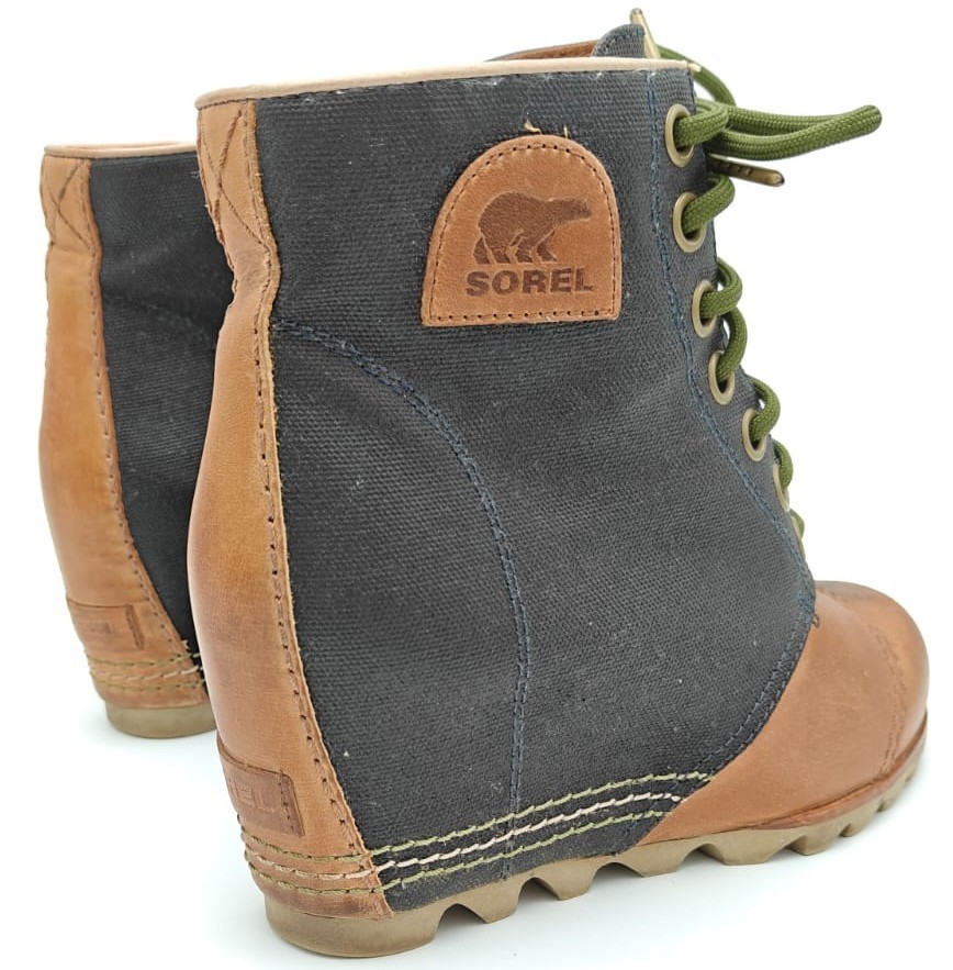 Sorel PDX Boots Womens 8 Lexie Canvas & Brown Leather Hidden Heel Wedge Shoes