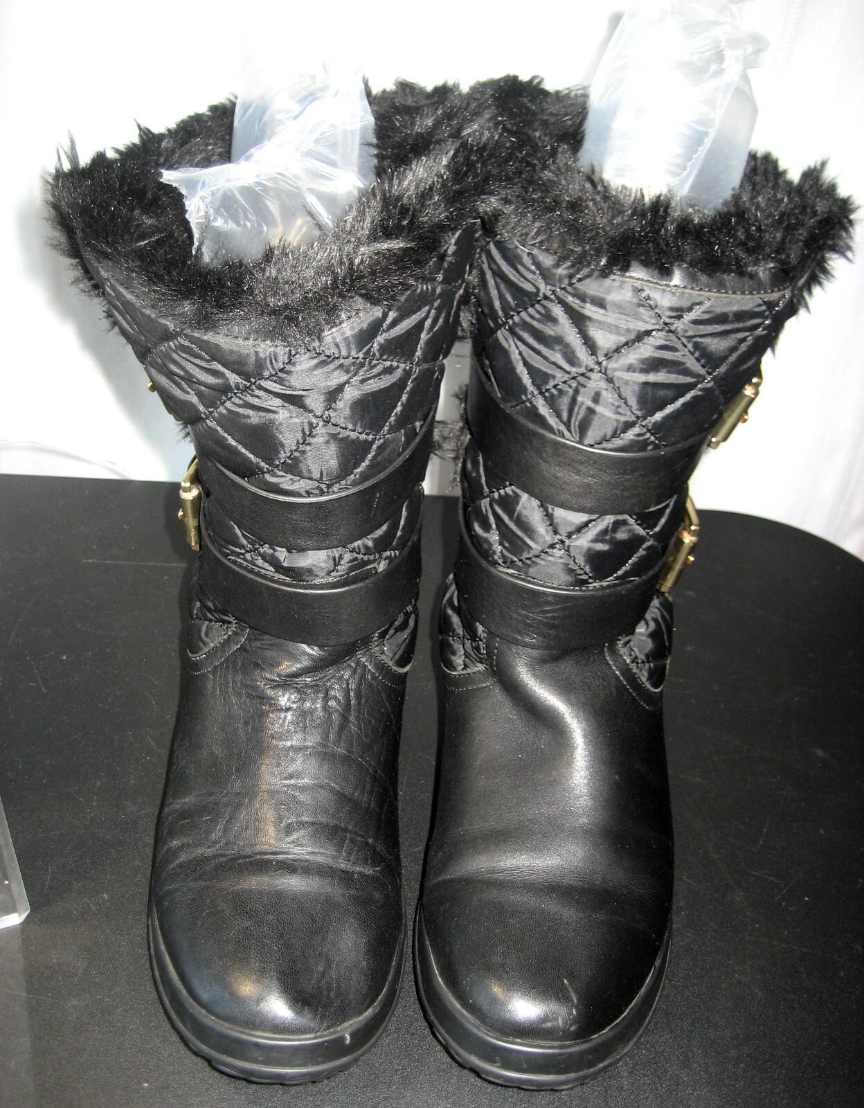 Womens Michael Kors Boots Black 8 Leather Faux Fur Quilted «Gold» Metal Buckles
