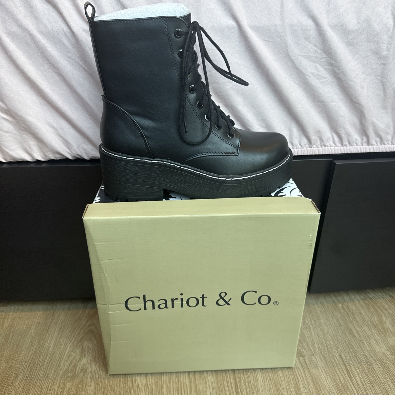 Black chunky platform boots with white stitching. Combat boots. Size 8