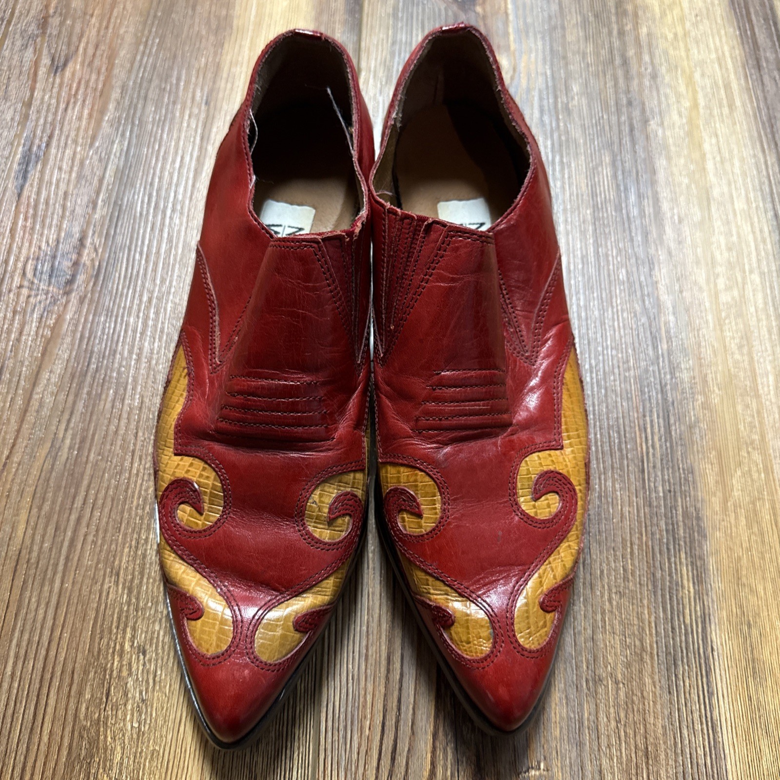 Nine West Aviva Leather Western Ankle Boots Red Yellow Pointed Toe Heels 6 1/2 M