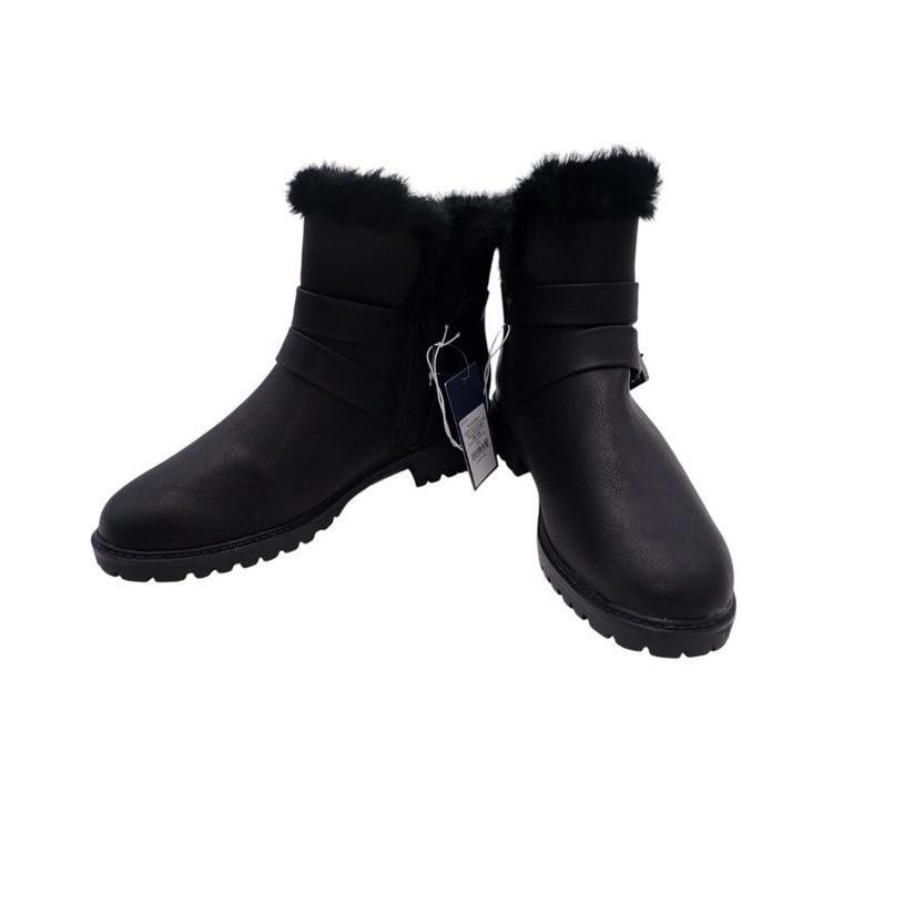 Black Faux Fur Trim Buckle Moto Boots Women Winter Warm Fashion