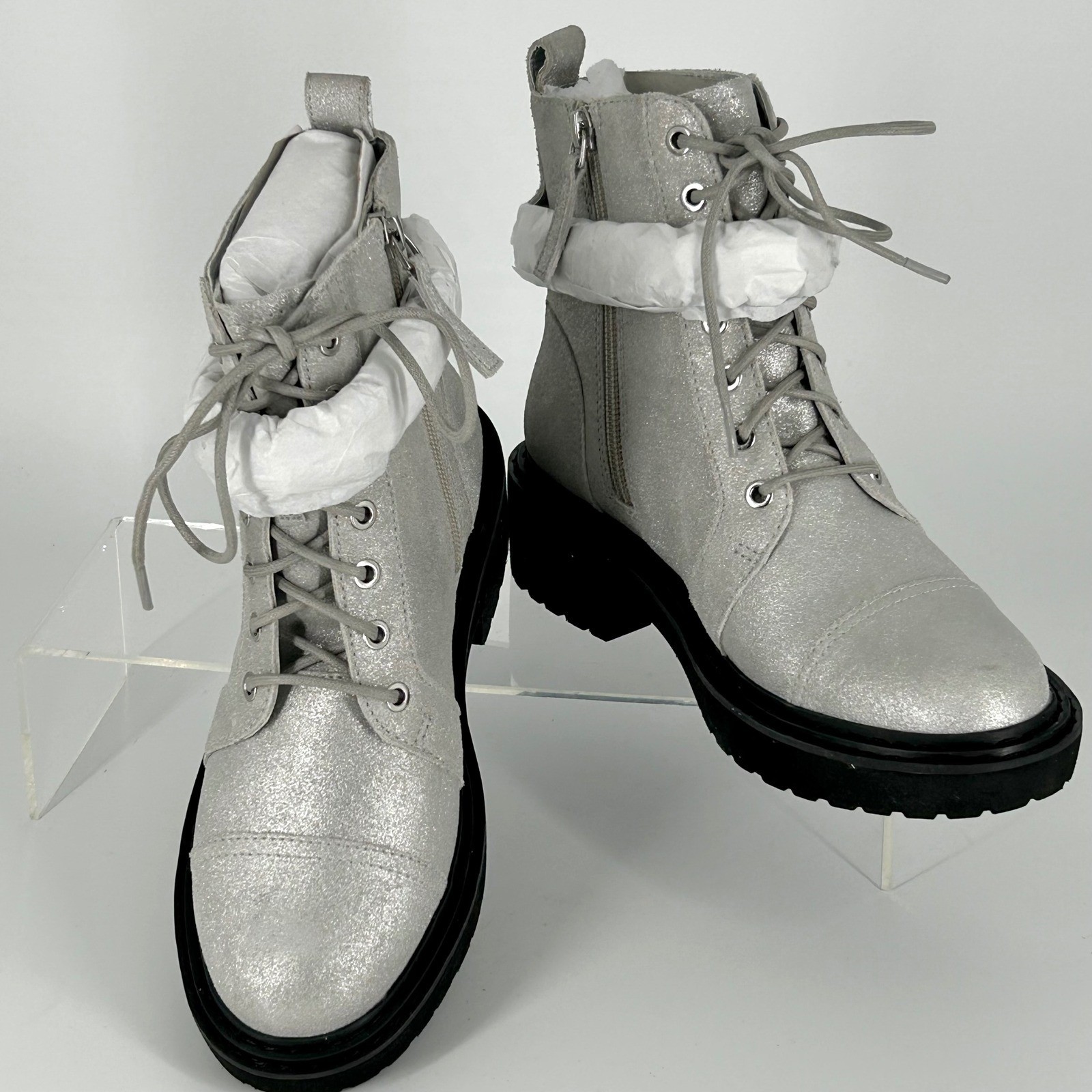 Linea Paolo Size 5 Silver Glitter Leather Combat Moto Boots NEW Platform $129