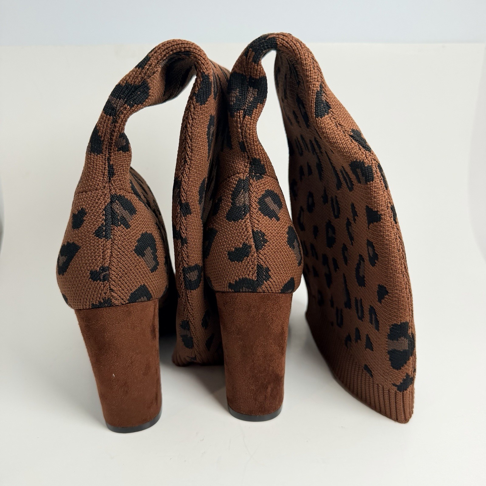Women’s Brown/Black Leopard Knit Sock Boots Pull On Stretch Pointed Toe US 8 161
