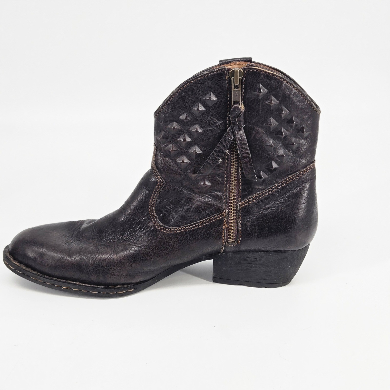 Born Black Studded Leather Western Ankle Boots Side Zip Moto Punk Goth Biker Y2K