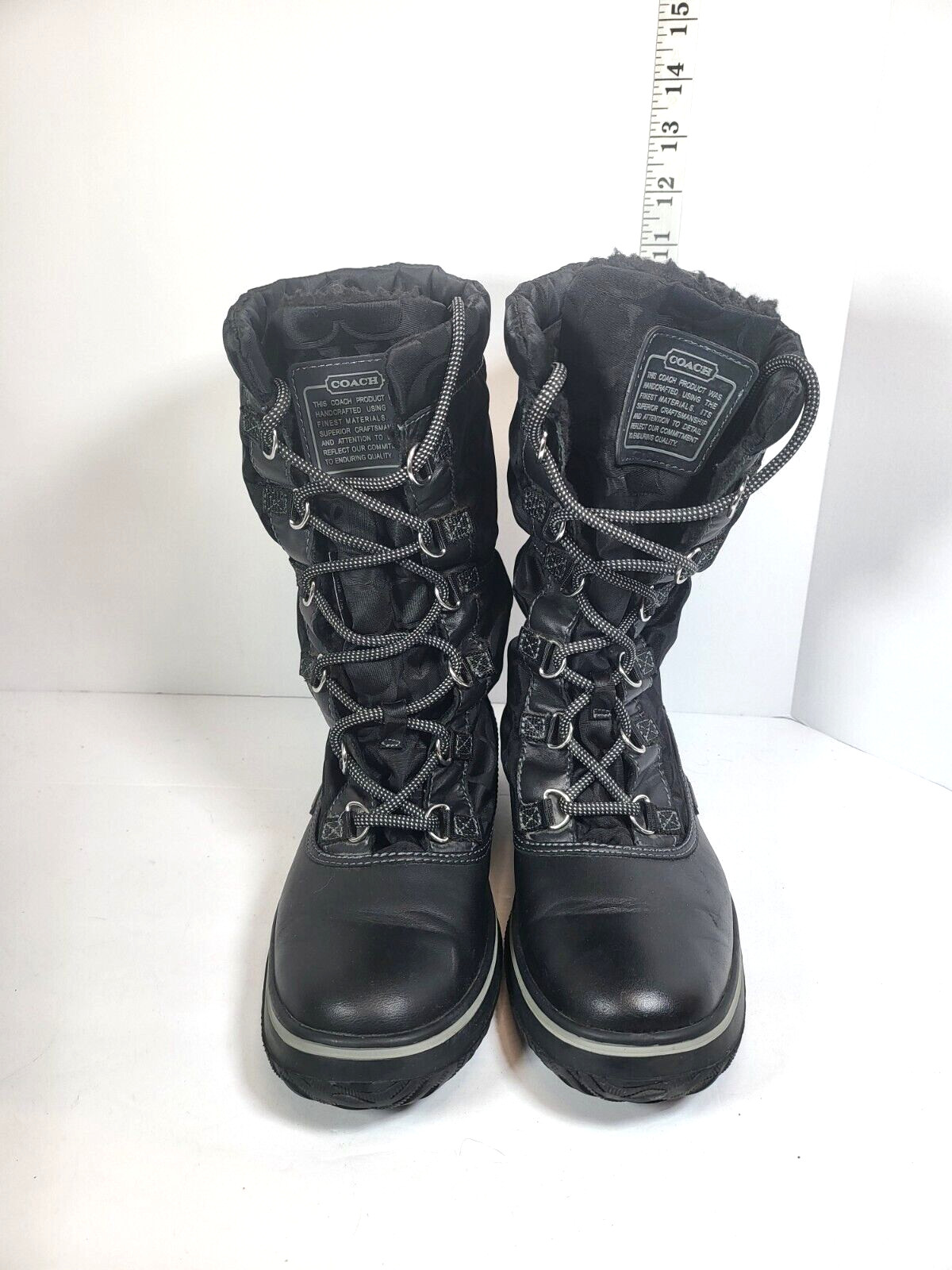 Coach Women’s Black Winter Snow Boots 7.5 Shaine Lined Nylon Leather Logo