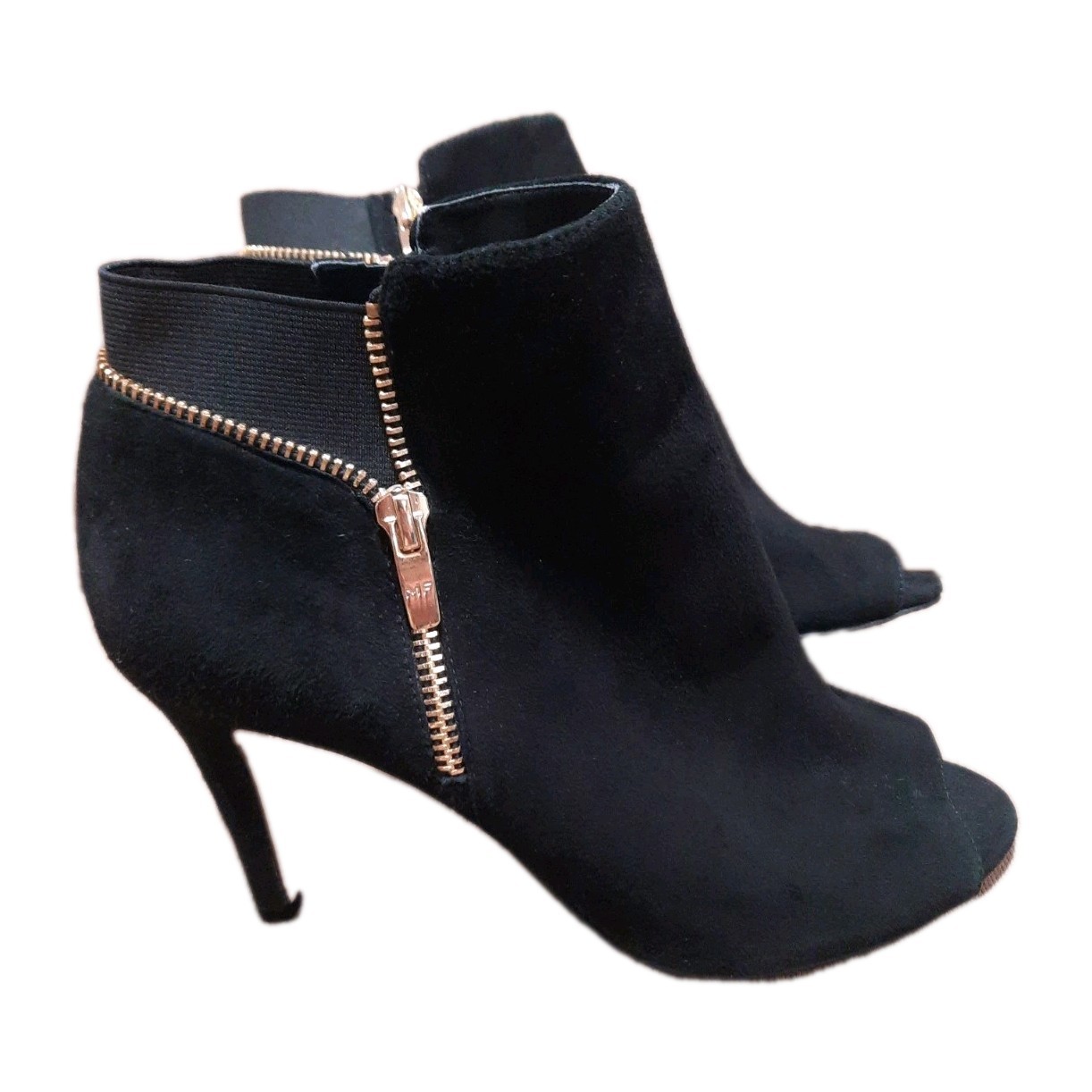 Marc Fisher Serenity Heeled Open Toe Black Suede Gold Zipper Booties Size 9 Wide