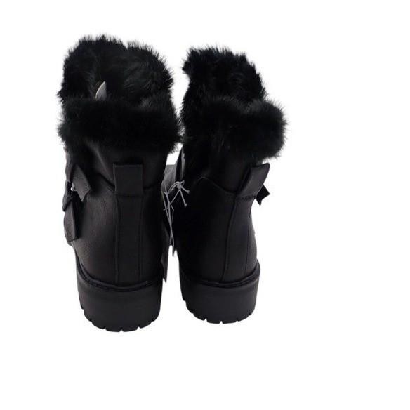 Black Faux Fur Trim Buckle Moto Boots Women Winter Warm Fashion