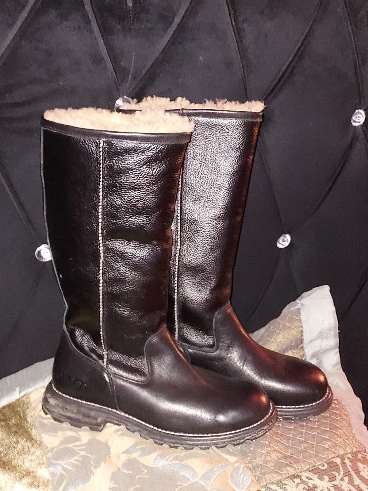 UGG Boots 5 Womens Brown Black Tall Leather Sheepskin Lined Convertible New