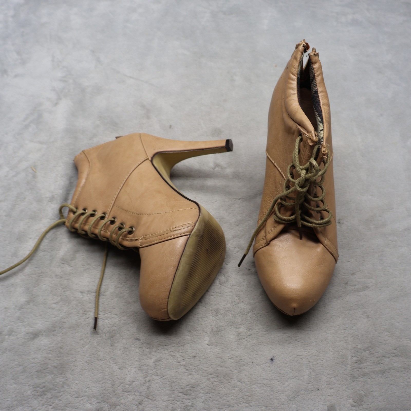 Unbranded Womens 7.5 Ankle Boots Beige Faux Leather Lace Up Zip Stiletto Heels