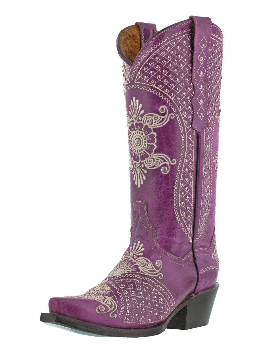 Womens Cowboy Boots Purple Leather Studs Wedding Ranch Wear Snip Toe Size 5-6.5