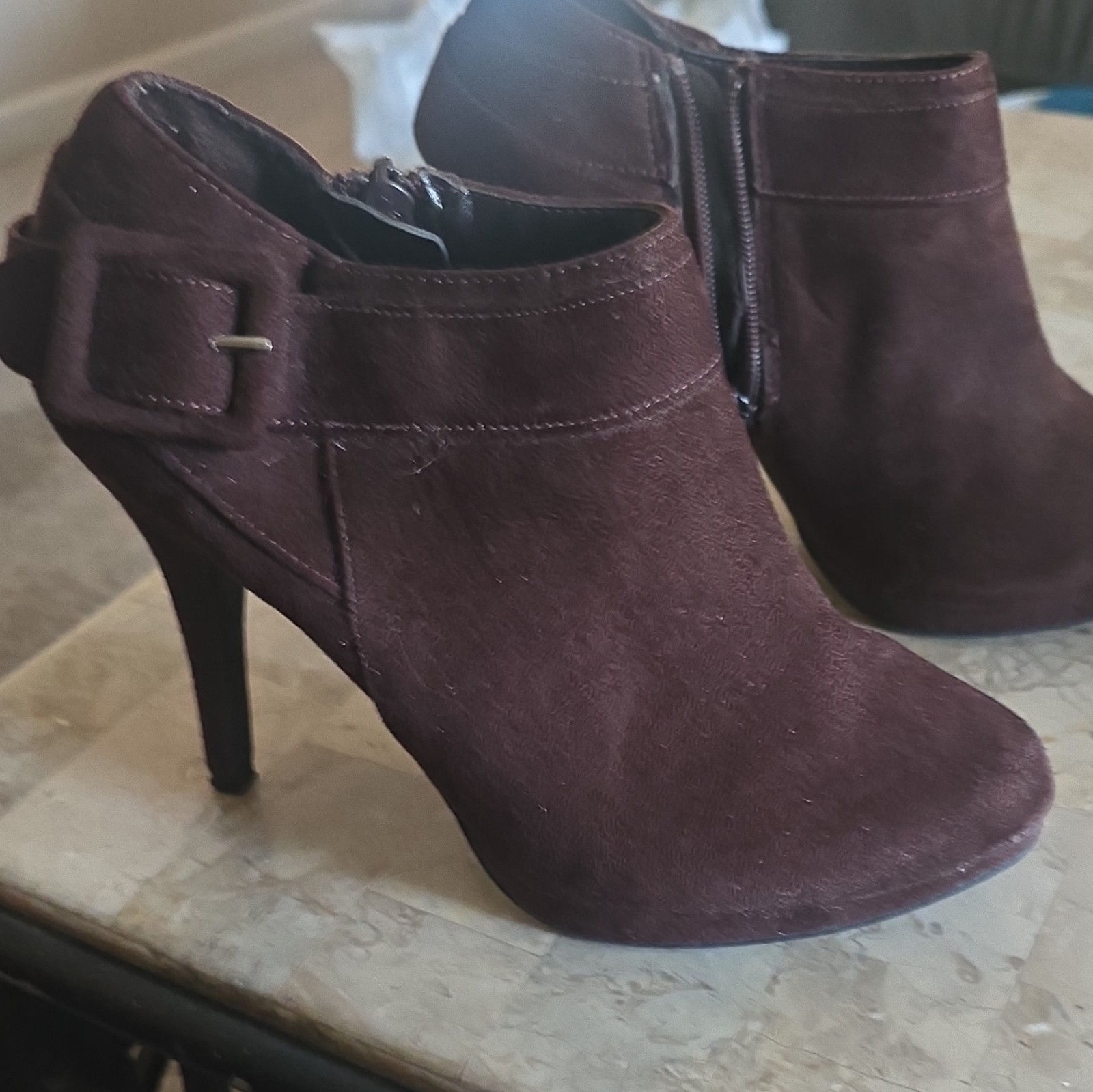 X- Appeal, Angel- Brown Suede Ankle Booties Toe Zip Buckle Women’s 8
